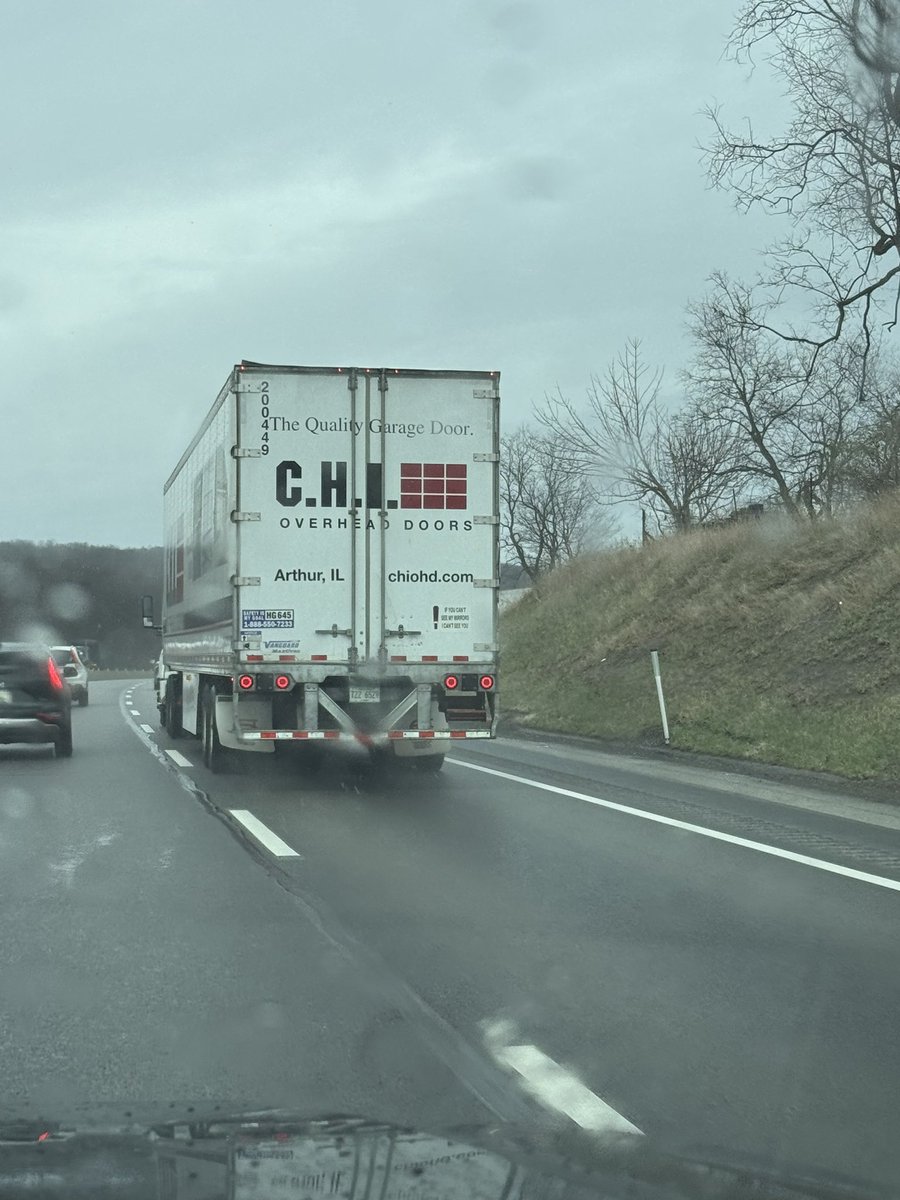 pedromoore's tweet photo. My wife and I were traveling back with the kids from Pittsburgh, and I spotted this truck and asked her to take a picture of it. 

I told her this truck driver made $750K when his employer (C.H.I. Overhead Doors) was sold. 

He made more money than the average small biz owners. https://t.co/D994nym7BP