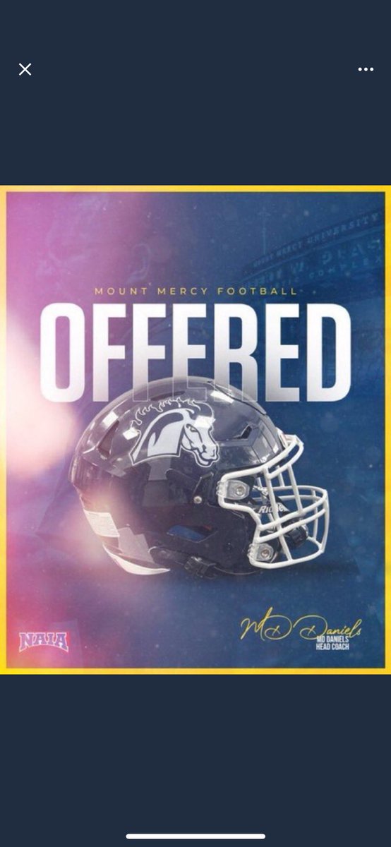 I’m blessed to receive a scholarship offer from <a href="/MountMercyFB/">Mount Mercy Football</a> <a href="/CoachMDDaniels/">MD Daniels</a>  <a href="/NAIAFBALL/">NAIAFBALL</a>  <a href="/naiaprospects/">Underdawg Prospects: NAIA Edition</a> <a href="/NaiaTransfer/">NAIA Transfer</a>  <a href="/247Sports/">247Sports</a>  <a href="/d2fbspotlight/">D2 College Football Spotlight</a>  #Scholarship #AGTG <a href="/CoachLozano23/">Bubba Lozano</a> #TDE #MUSTANGCOUNTRY