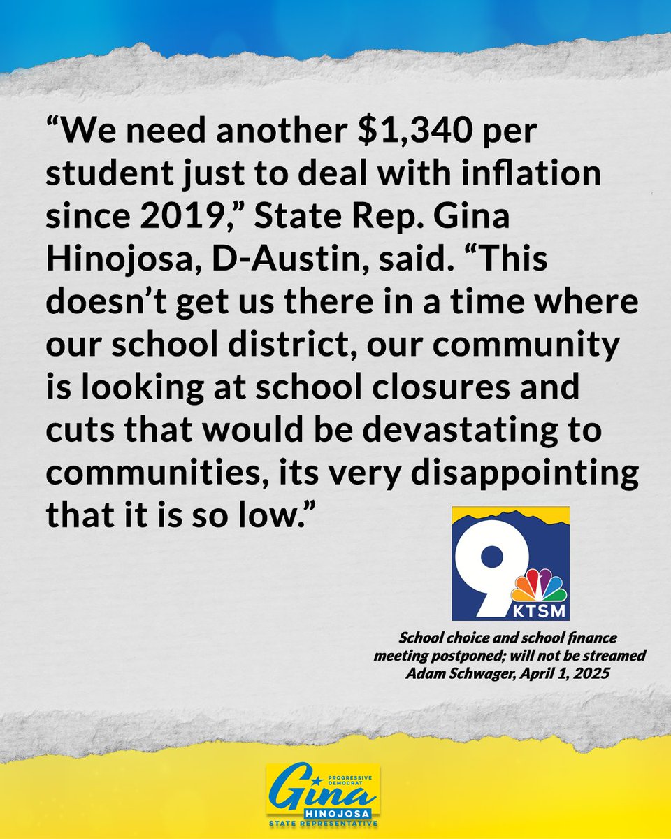 GinaHinojosaTX's tweet image. 🚨 #txlege lawmakers delayed a key edu vote. The Public Ed Committee was set to meet Tuesday on school funding &amp;amp; vouchers—now pushed to today.

HB 2 raises per-student funding by just $395—far below the $1340 that our schools need. Texans, speak up!
ktsm.com/news/texas/sch…