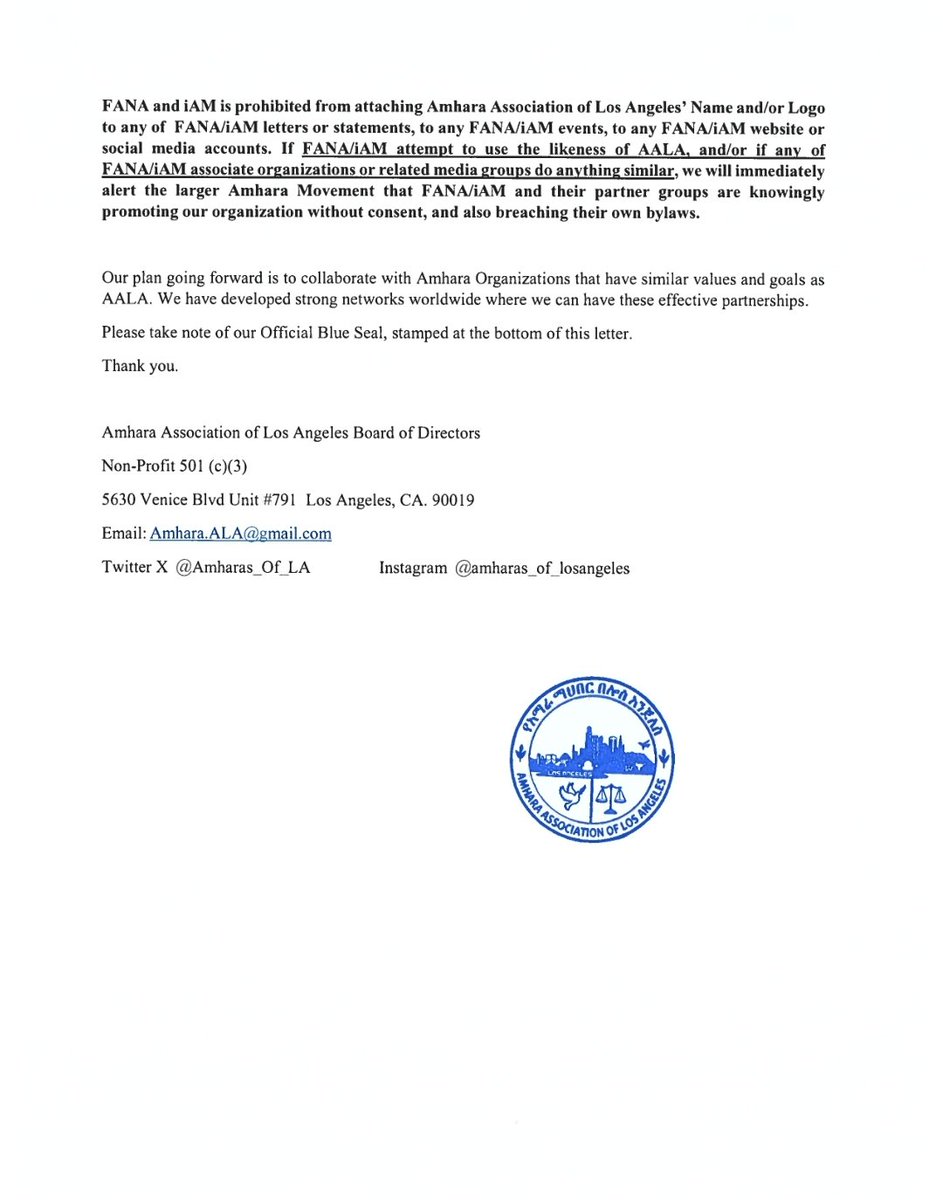 Amharas_Of_LA's tweet image. Hello Larger #Amhara Movement Members. 
Amhara Association of Los Angeles officially withdraws from umbrella groups @Fana4Amhara &amp;amp; @iamamhara2023 . See our public announcement attached below.