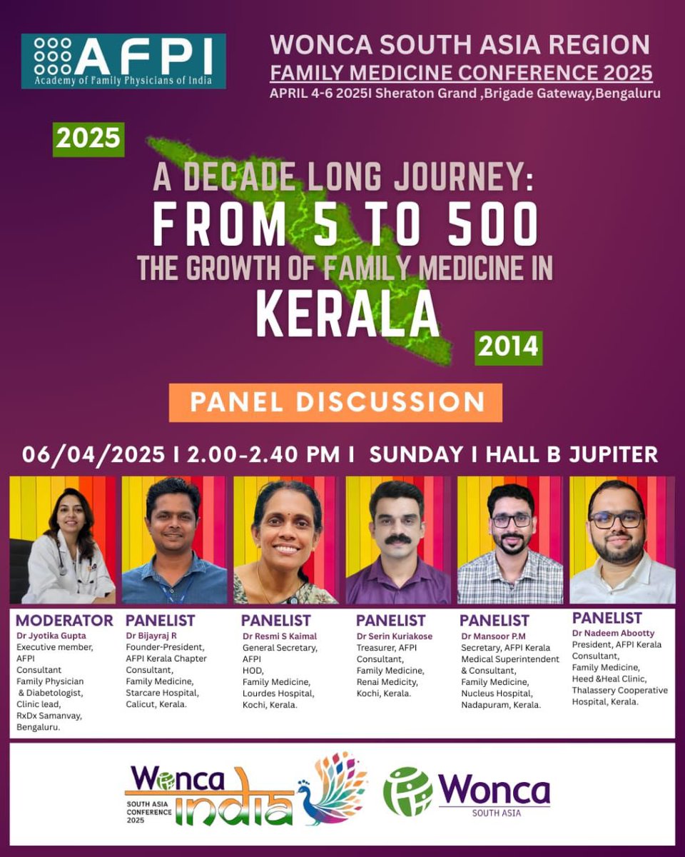 🌟Join us at WONCA South Asia Region Family Medicine Conference 2025!

Hear from the pioneers shaping Kerala's
Primary Care story!

📢 Full schedule &amp; registration:
woncasarindia2025.com

#WONCASAR2025 #FamilyMedicine #KeralaHealth #PrimaryCare #AFPI
#WONCAIndia #TogetherWeCare