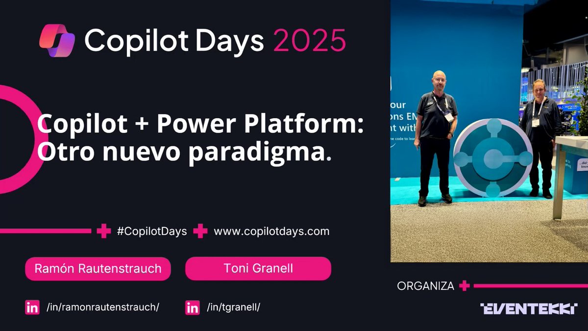 Copilot Days (@copilotdays) on Twitter photo ⌚ Ahora mismo arranca la sesión virtual online de <a href="/tgranell/">Toni Granell</a> y de <a href="/RamonRauten/">Ramón Rautenstrauch (👨🏼💻 Marketing 🤯 SEO 🧠)</a>.
🚀 Copilot + Power Platform, otro nuevo paradigma
📺 En directo en youtube.com/@Eventekki
#CopilotDays #Copilot #IA #AI #GenAI #GPT ⌚ Ahora mismo arranca la sesión virtual online de <a href="/tgranell/">Toni Granell</a> y de <a href="/RamonRauten/">Ramón Rautenstrauch (👨🏼💻 Marketing 🤯 SEO 🧠)</a>.
🚀 Copilot + Power Platform, otro nuevo paradigma
📺 En directo en youtube.com/@Eventekki
#CopilotDays #Copilot #IA #AI #GenAI #GPT