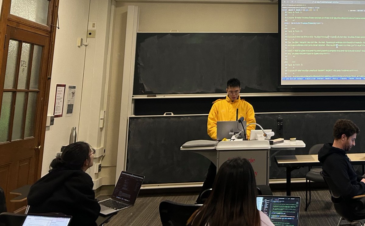 Carnegie Mellon Blockchain (@cmublockchain) on Twitter photo Today, our vice president <a href="/Eason_C13/">Eason Chen</a> introduced <a href="/SuiNetwork/">Sui</a>'s Object Model and Programmable Transaction Blocks at <a href="/CMUBlockchain/">Carnegie Mellon Blockchain</a> with <a href="/SuiFamOfficial/">Sui Community Official 🦭/acc</a>.
It was great to see everyone learning how to #Move and how to interact with #Sui by Typescript SDK! Today, our vice president <a href="/Eason_C13/">Eason Chen</a> introduced <a href="/SuiNetwork/">Sui</a>'s Object Model and Programmable Transaction Blocks at <a href="/CMUBlockchain/">Carnegie Mellon Blockchain</a> with <a href="/SuiFamOfficial/">Sui Community Official 🦭/acc</a>.
It was great to see everyone learning how to #Move and how to interact with #Sui by Typescript SDK!