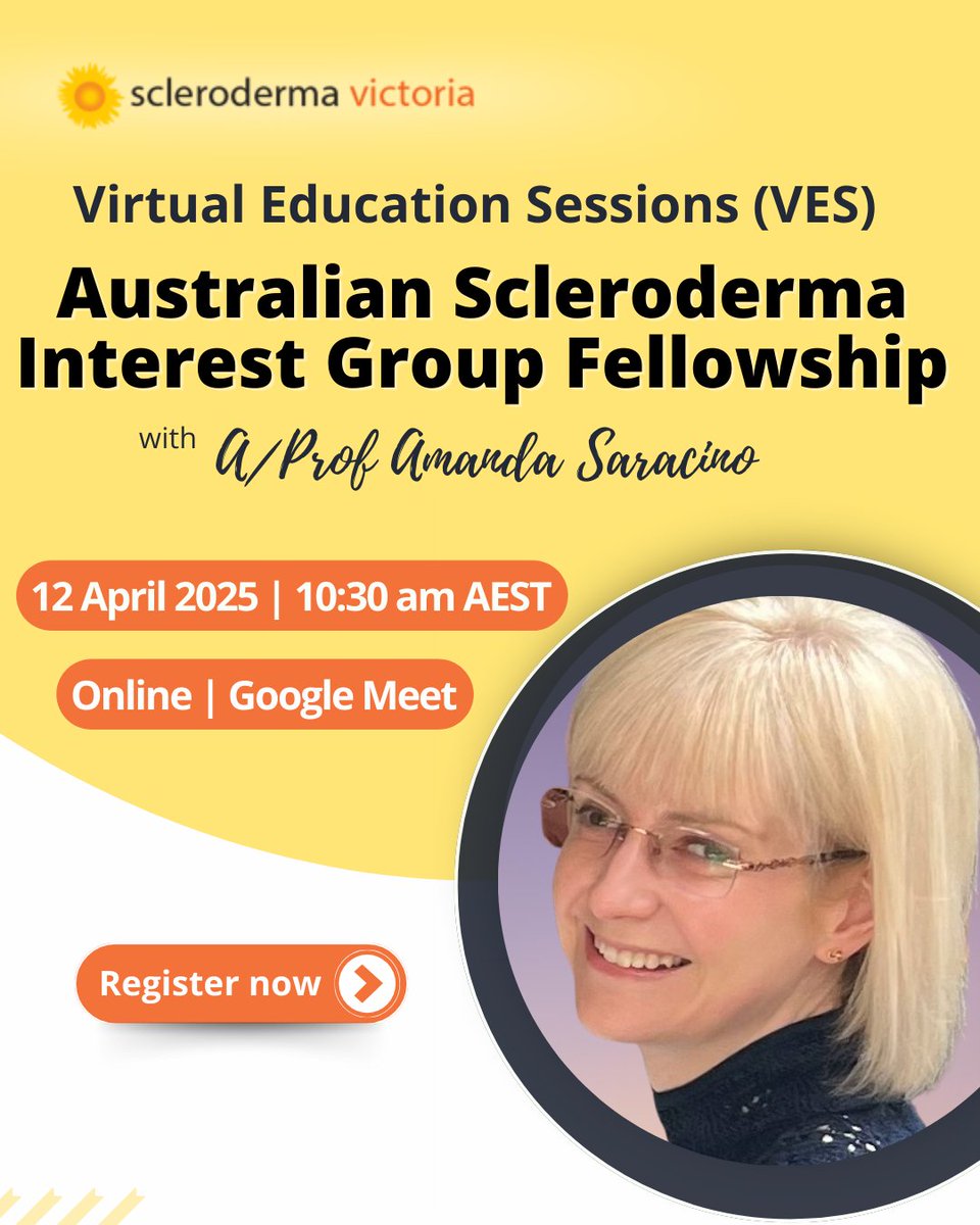 JOIN US for our April #VirtualEducationSession with A/Prof Amanda Saracino on Saturday, 12th April at 10:30 AEST, where we will be discussing the Australian Scleroderma Interest Group Fellowship!

Secure your seat now! See you there!
eventbrite.com.au/e/ves-australi…

#SclerodermaAwareness