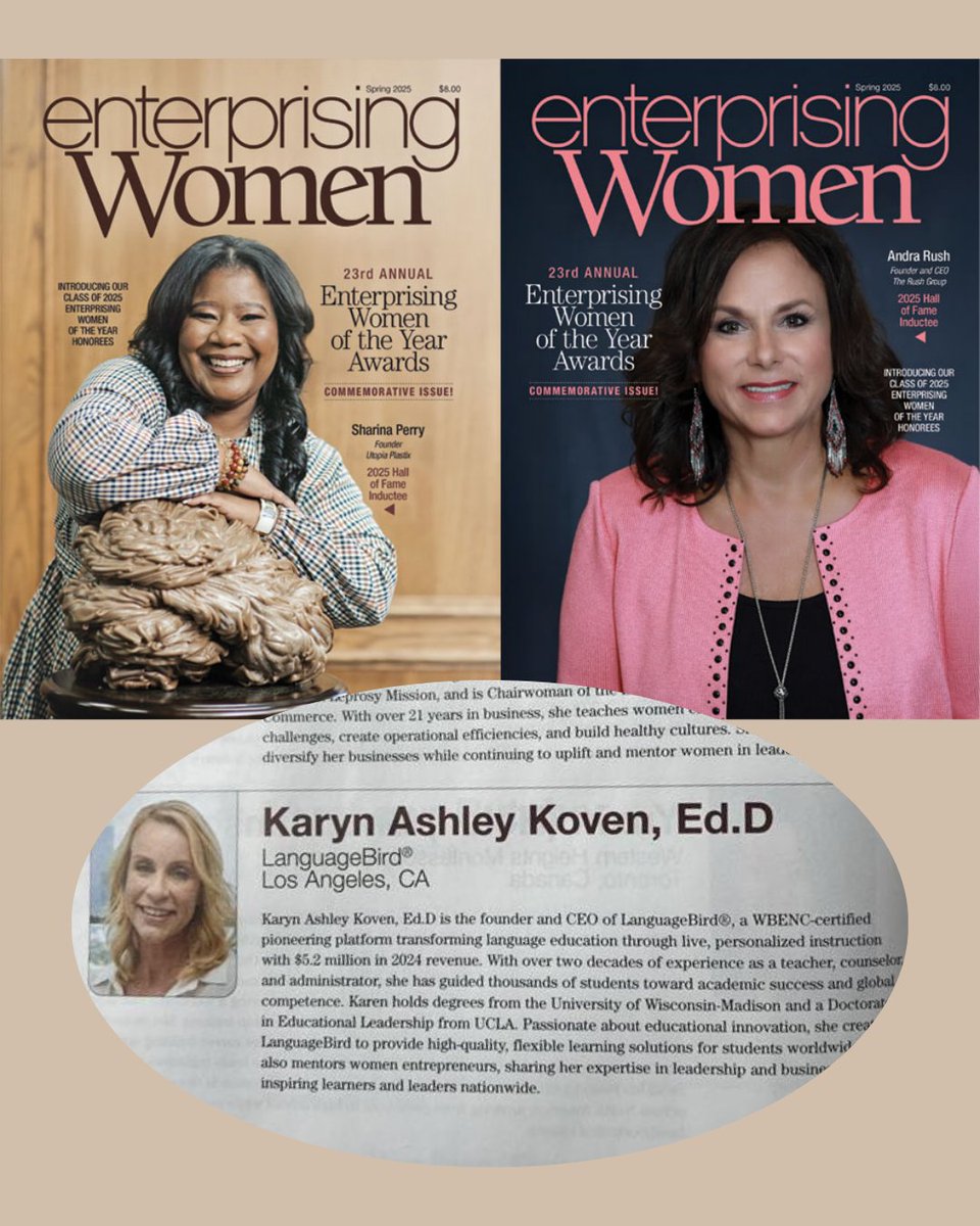 Language_Bird's tweet image. #LanguageBird’s Founder &amp;amp; CEO, Dr. Karyn Koven, was recognized as a 2025 Enterprising Women of the Year award winner! 🏆✨ Last weekend, she attended the #EnterprisingWomen Conference in Nashville, where she joined an inspiring group of #femalebusinessleaders. @EWMagazine