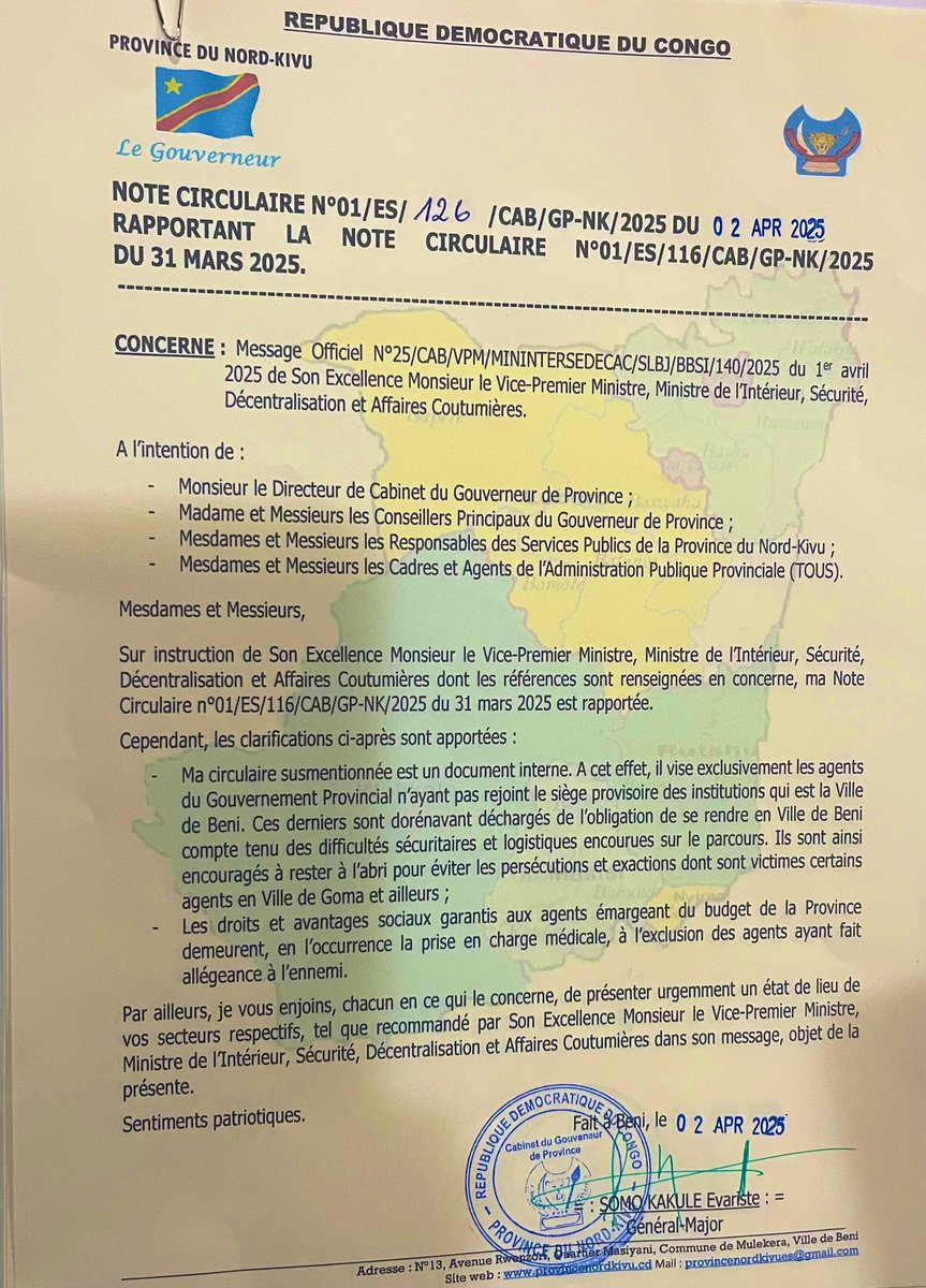 Gouvernorat|Nord-Kivu🇨🇩 (@gouvnordkivu) on Twitter photo Sur instruction du VPM, Ministre de l’Interieur SHABANI LUKOO Jacquemain, le Gouverneur du Nord-Kivu Général-Major SOMO KAKULE Evariste rapporte sa note circulaire du 31/3/2025
<a href="/shabani_lukoo/">SHABANI Lukoo J.</a> Sur instruction du VPM, Ministre de l’Interieur SHABANI LUKOO Jacquemain, le Gouverneur du Nord-Kivu Général-Major SOMO KAKULE Evariste rapporte sa note circulaire du 31/3/2025
<a href="/shabani_lukoo/">SHABANI Lukoo J.</a>