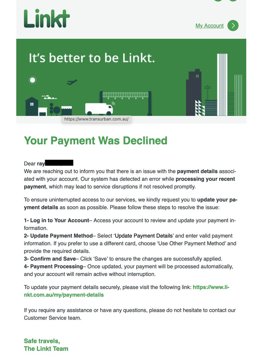 ScallywagRay's tweet image. 🚨 #SCAM ALERT!  

Warning about an #EmailScam I received (screenshot below) and info provided by Linkt on their website.👇

'This is not a genuine Linkt email. Do not click the links or reply to the sender...'
linkt.com.au/help/security/…

 #Linkt #Melbourne #Victoria