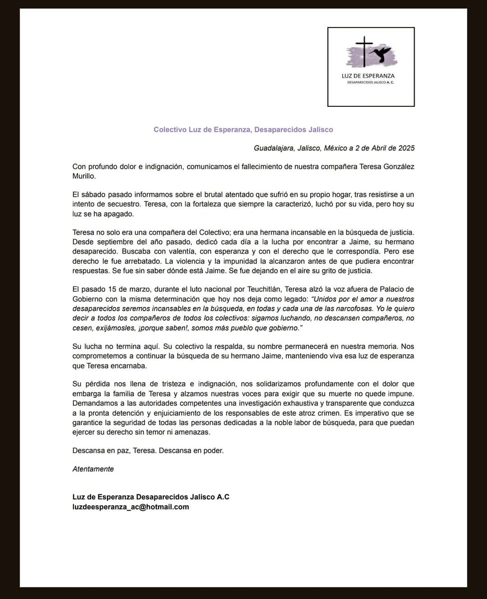 🙏🏽🕯Abrazamos a la familia de la buscadora y defensora de derechos humanos Teresa González Murillo integrante de <a href="/LuzEsperanz_ofi/">luz_de_esperanzaOficial</a>

✨Denunciamos su terrible asesinato y muerte y exigimos #Justicia y protección inmediata para el Colectivo Luz de Esperanza <a href="/PabloLemusN/">Pablo Lemus Navarro</a> <a href="/FiscaliaJal/">Fiscalía del Estado de Jalisco</a>