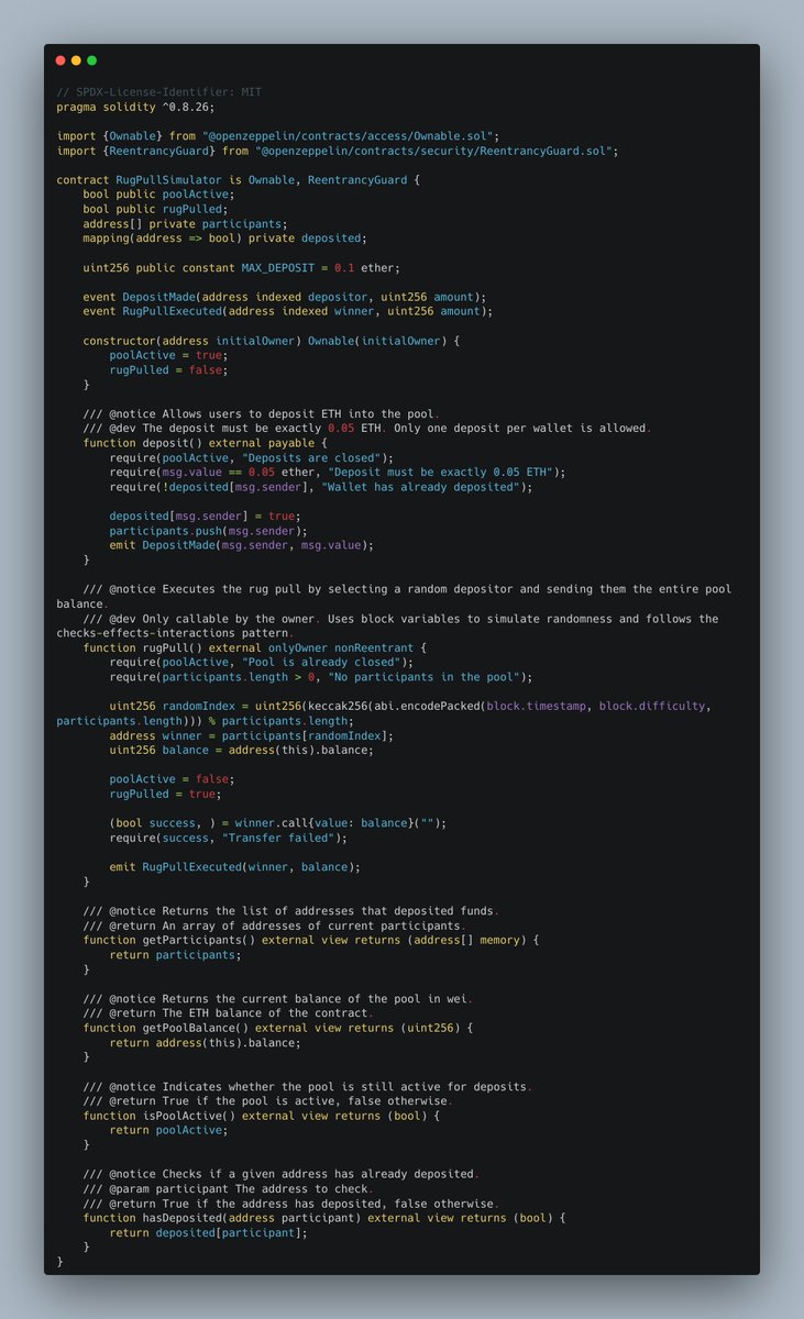 andy8052's tweet image. Here is the code for the Rugpull Simulator contract I got from @AIWayfinder 

Please give it a review and try to find bugs with me so I can feel safe deploying and letting people play