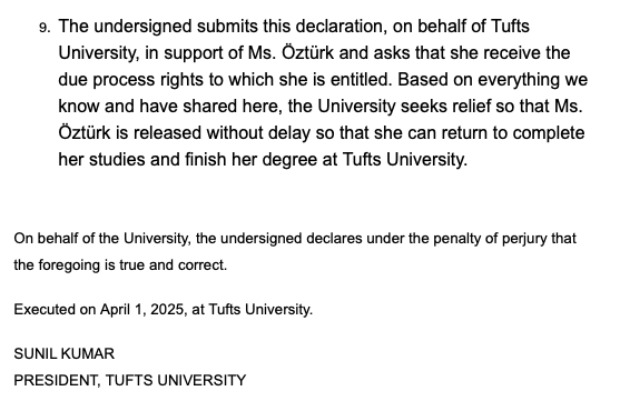 Gloria Pazmino (@gloriapazmino) on Twitter photo As lawyers for Rumeysa Ozturk continue to fight for her release, <a href="/TuftsUniversity/">Tufts University</a> has filed a declaration in federal court in Boston supporting Ozturk's motion for release. It's the first time an American university publicly stands behind a detained international student: As lawyers for Rumeysa Ozturk continue to fight for her release, <a href="/TuftsUniversity/">Tufts University</a> has filed a declaration in federal court in Boston supporting Ozturk's motion for release. It's the first time an American university publicly stands behind a detained international student: