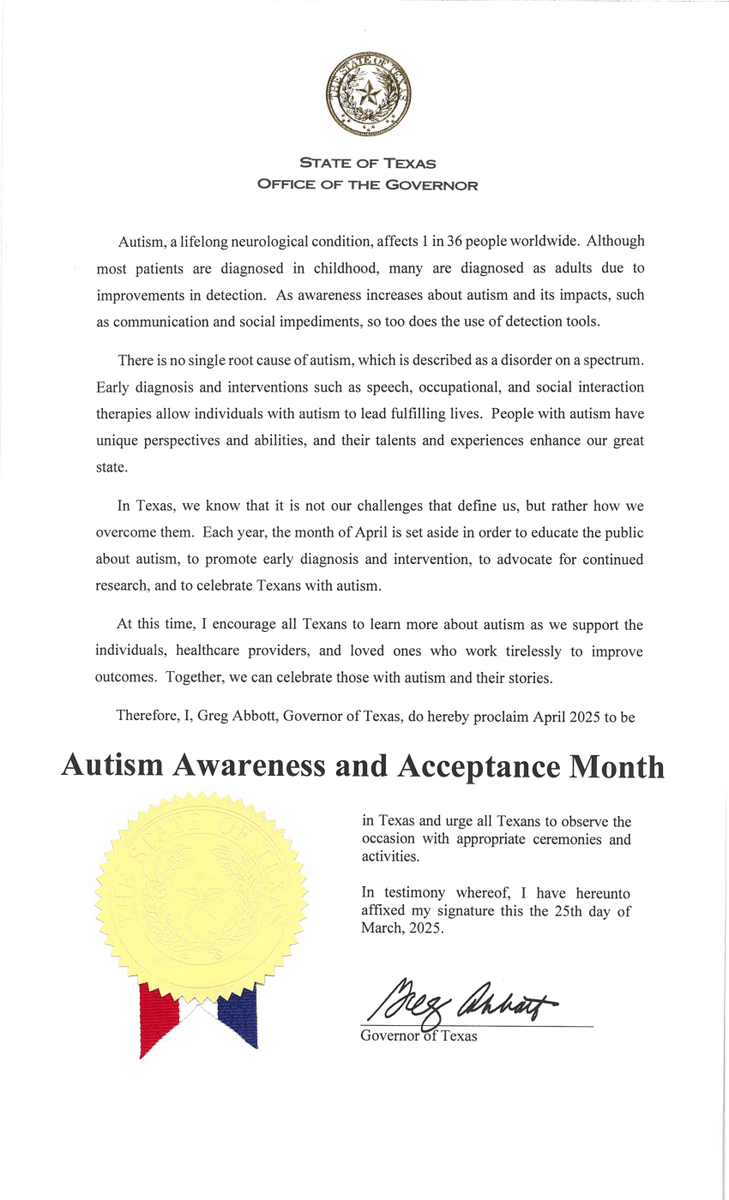 GovAbbottPress's tweet image. Governor @GregAbbott_TX proclaimed April as Autism Awareness and Acceptance Month in Texas.

Autism awareness and acceptance empowers Texans throughout the state.

Read the proclamation: bit.ly/3DRYGfN