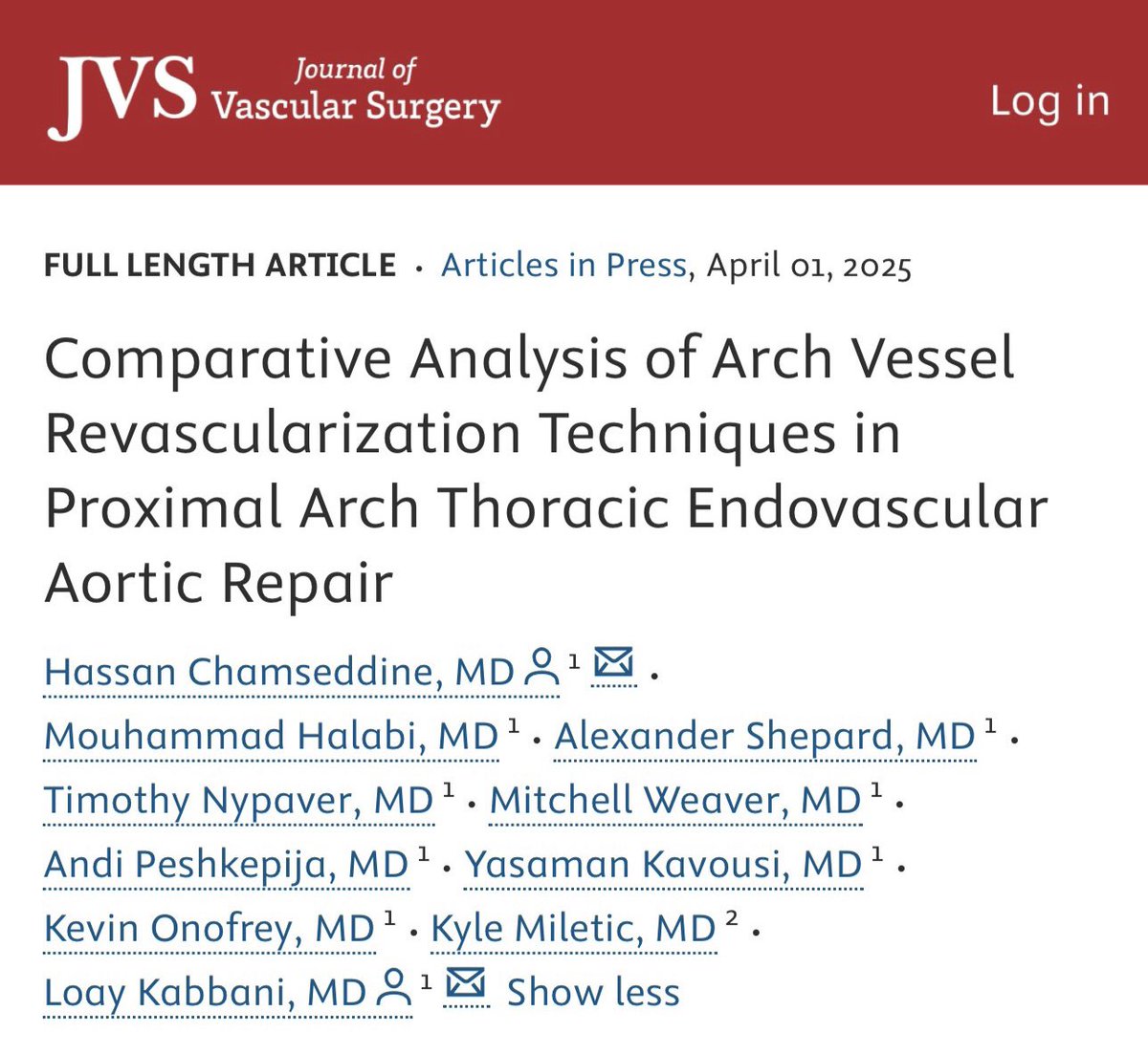 Hassan Chamseddine (@chamseddine0) on Twitter photo Our work on arch vessel revascularization techniques in Zone 0 TEVAR is now published in <a href="/JVascSurg/">Journal of Vascular Surgery</a>!
🔴 Stroke remains a significant concern in Zone 0 TEVAR
🔴 Evolving endovascular techniques and single-branch endografts show promise for safer outcomes and reduced stroke rates Our work on arch vessel revascularization techniques in Zone 0 TEVAR is now published in <a href="/JVascSurg/">Journal of Vascular Surgery</a>!
🔴 Stroke remains a significant concern in Zone 0 TEVAR
🔴 Evolving endovascular techniques and single-branch endografts show promise for safer outcomes and reduced stroke rates