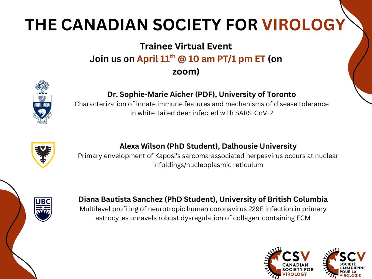 The CSV virtual trainee event is only 9 days away! Please join to hear talks from three amazing trainees about new virology happening within Canada. The event will take place April 11th at 10 am PT/ 1 pm ET on zoom (link has been circulated to CSV members by email).