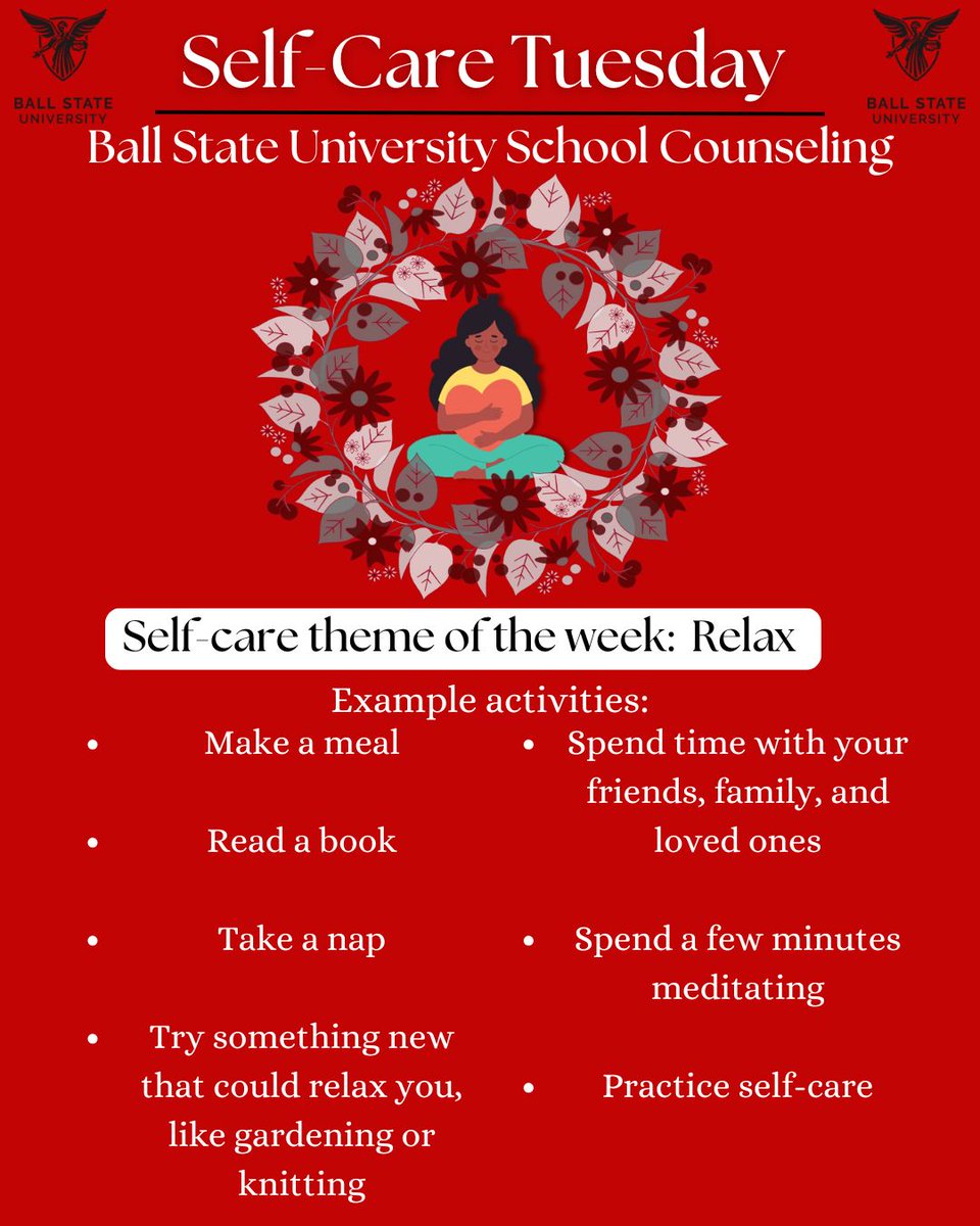 BallStateSC's tweet photo. With the end of year rapidly approaching, it's more important now than ever to take time to relax and take care of ourselves. So this week, take some time to do something that relaxes you, do some self care, and get prepared for the busy season that is to come! https://t.co/j9g2ws534B