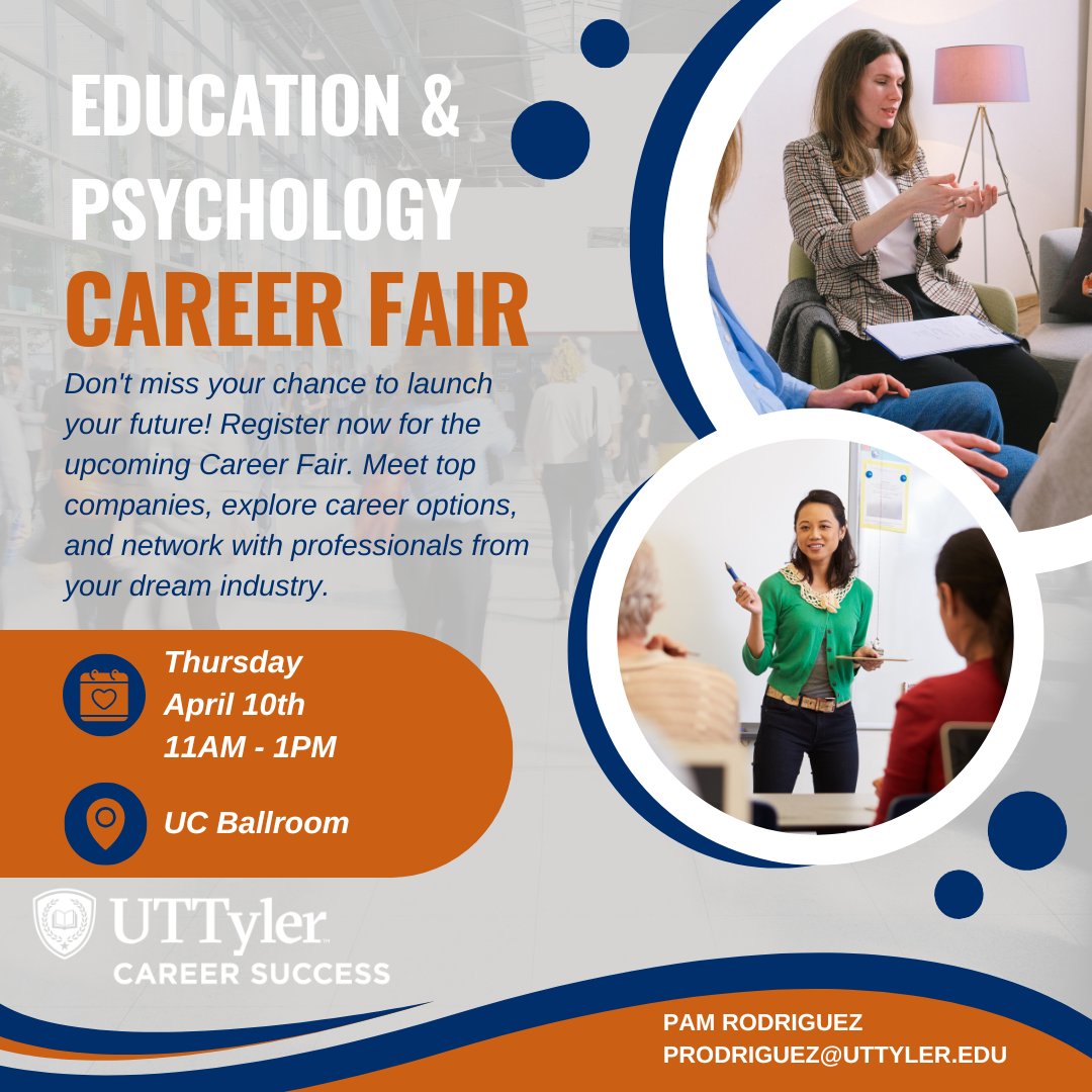 CEP UTTyler (@uttylercep) on Twitter photo 🎓Education & Psychology students — connect with top employers and take the first step toward your career.
🔗 Register now:
app.joinhandshake.com/career_fairs/3…
📧 Pam Rodriguez – prodriguez@uttyler.edu
#UTTyler #CareerFair #Handshake 🎓Education & Psychology students — connect with top employers and take the first step toward your career.
🔗 Register now:
app.joinhandshake.com/career_fairs/3…
📧 Pam Rodriguez – prodriguez@uttyler.edu
#UTTyler #CareerFair #Handshake