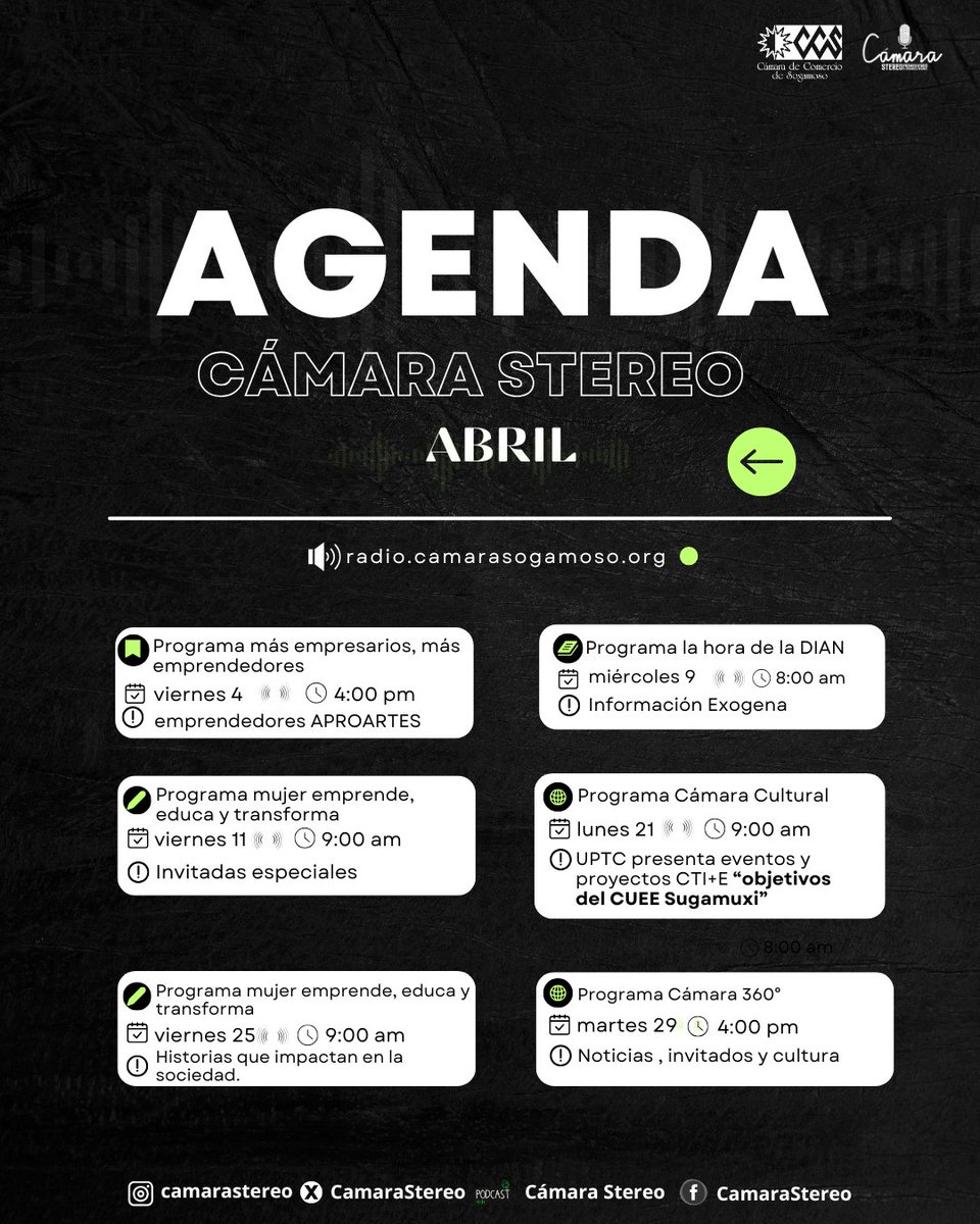 📢 ¡Abril suena en #CámaraStereo! 🎙️
Conéctate, participa y disfruta de una programación llena de emprendimiento, cultura y educación 📚💼🎶
📲 Escúchanos en 👉 radio.camarasogamoso.org
🔴 Transmisiones en vivo por Facebook Live
 #Boyacá #Emprendedores #RadioOnline #Participa