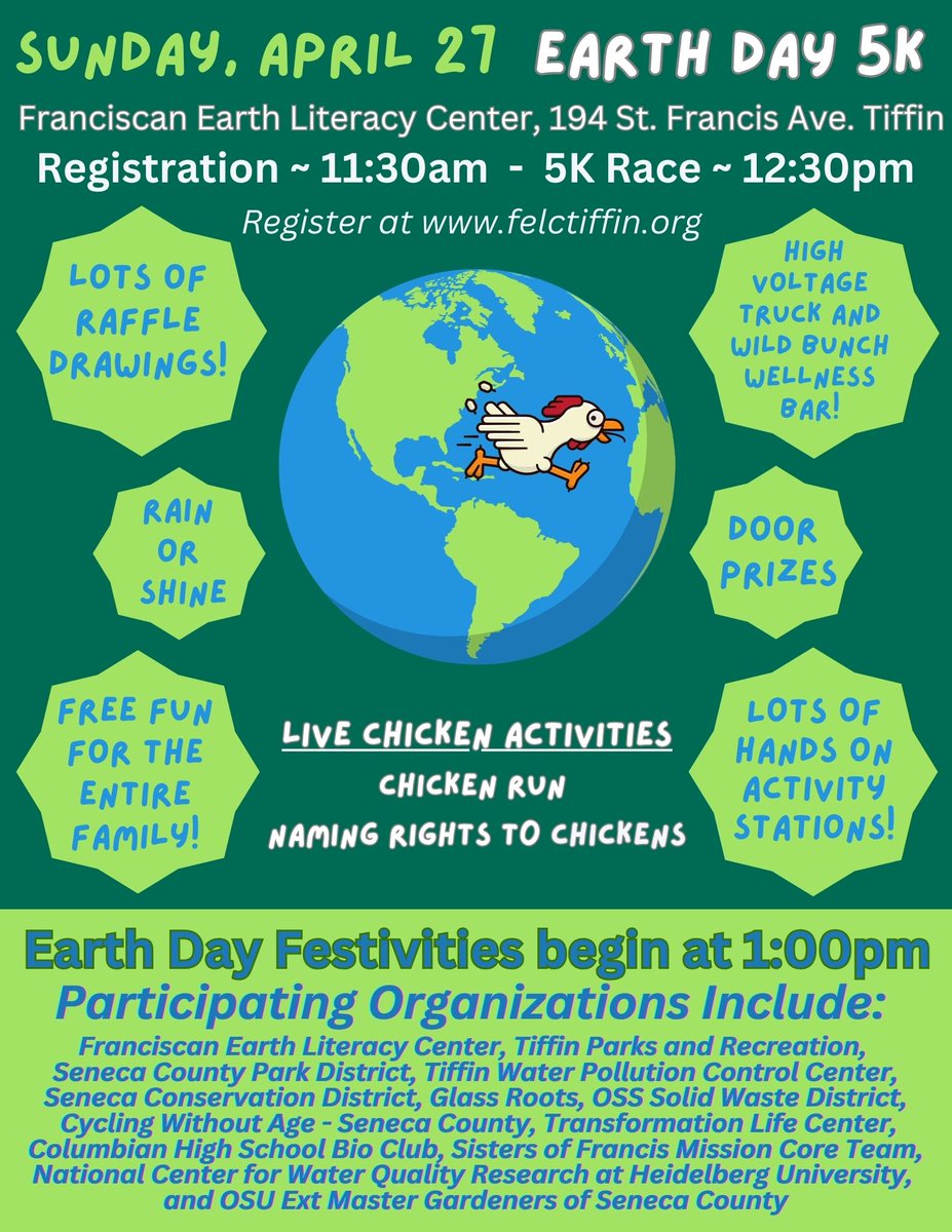 🌎 Earth Day fun + a 5K? Yes, please!
Join Franciscan Earth Literacy Center on 4/27 for their inaugural Earth Day 5K + free festivities!
🕦 11:30am Registration
🏃 12:30pm 5K
🎉 1pm Earth Day activities w/ 10+ partners
Rain or shine! Sign up: felctiffin.org