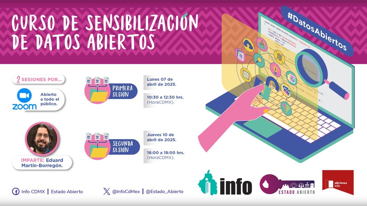 📋 El <a href="/InfoCdMex/">INFO CDMX</a> te invita al Curso de Sensibilización de #DatosAbiertos; impartirá <a href="/emartinborregon/">Edu Martín-Borregón</a>, de <a href="/AbrimosInfo/">Abrimos.Info</a> 📉

1a. Sesión 🗓️ 07 de abril ⌚ 10.30 a 12.30 h.
2a. Sesión 🗓️ 10 de abril ⌚16.00 a 18.00 h.

Inscríbete ✍🏿 bit.ly/3XIkhxT