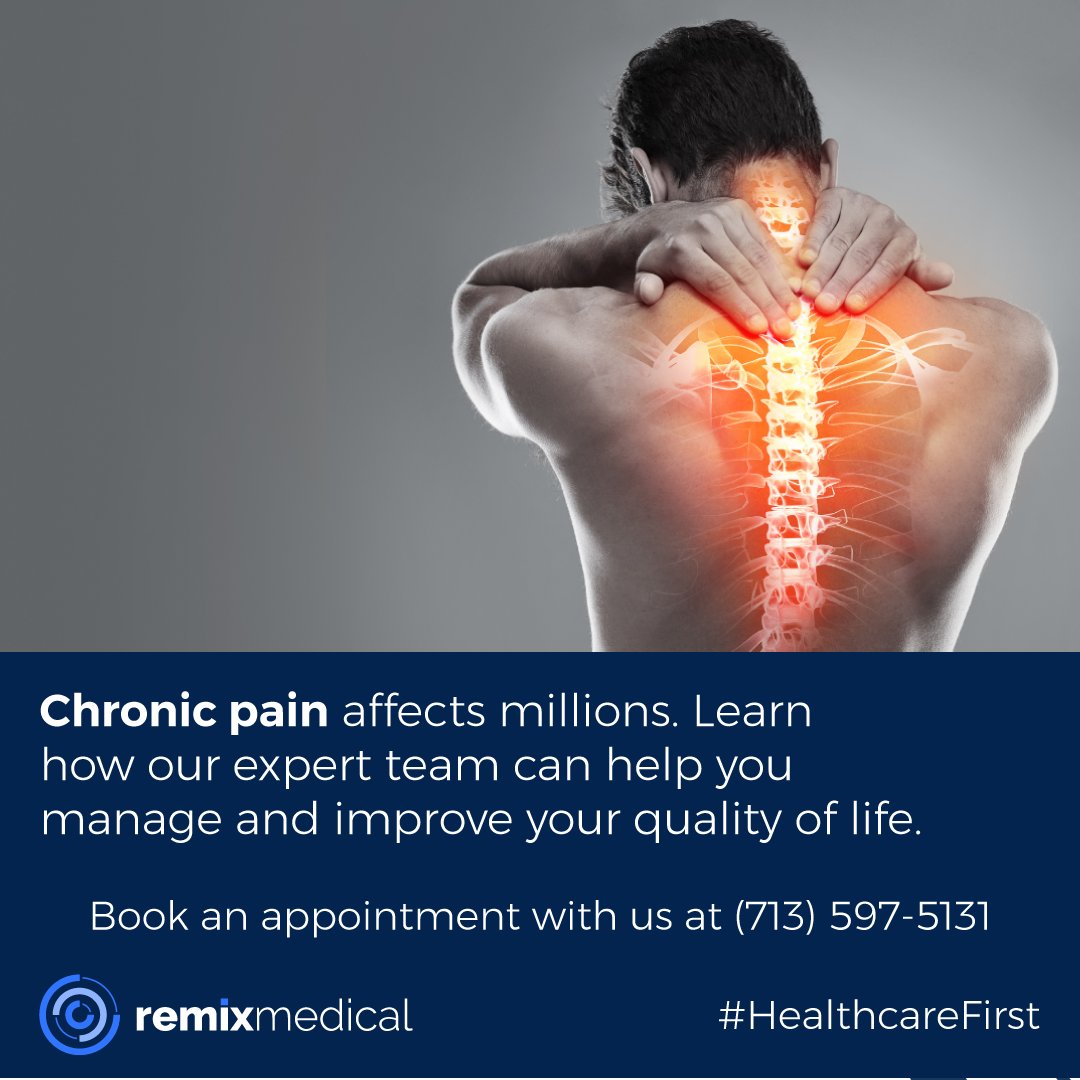 RemixMedical's tweet photo. Unlock a life with greater mobility and less pain. Remix Medical's cutting-edge treatments can help you achieve lasting relief. Book an appointment with us https://t.co/l7XFZEWsv2  
#RemixMedical #DrRajuMantena #chronicpain #painmanagement  #healthcare #Houston #Houstonclinic https://t.co/kncSTavD1j