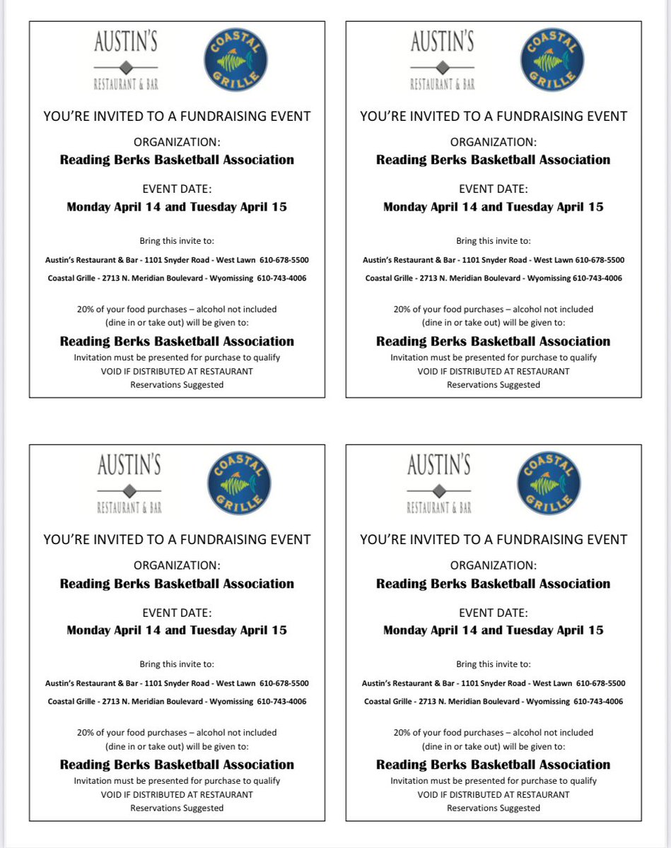 Our annual Austin's/Coastal Grille fundraiser on Mon., April 14 and Tues., April 15. All you need to do is go out for dinner with friends at either Austin's or Coastal Grille. Bring the attached coupons to present with your purchase.

The RBBA will receive 20% of food purchases.