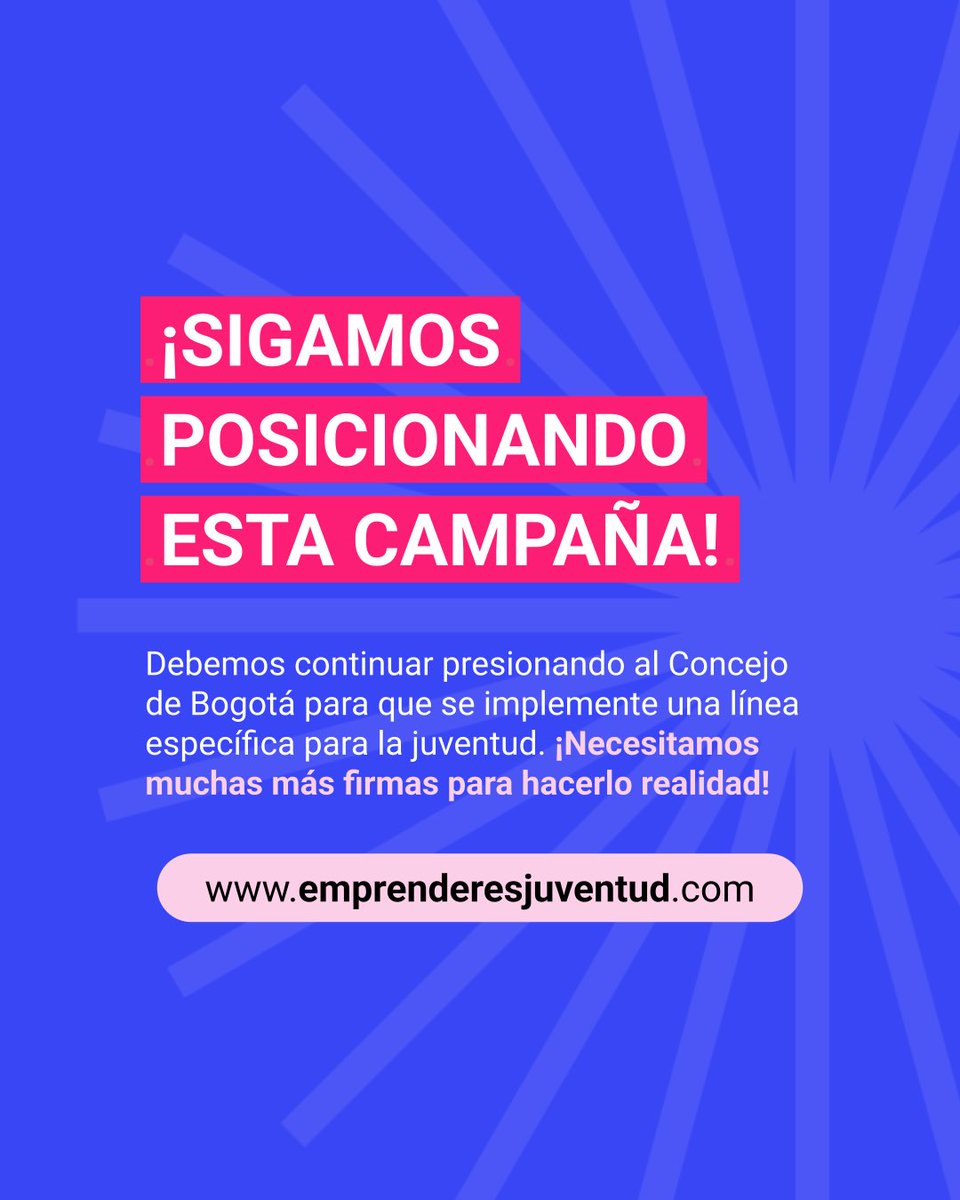 🚀 ¡Lo estamos logrando! 🙌 Gracias a tu apoyo, hemos dado grandes pasos para que emprender sea más fácil para la juventud. 💡 Pero aún falta camino por recorrer.  

✍️ Firma y comparte para que más personas se sumen y hagamos realidad una línea de apoyo exclusiva para jóvenes