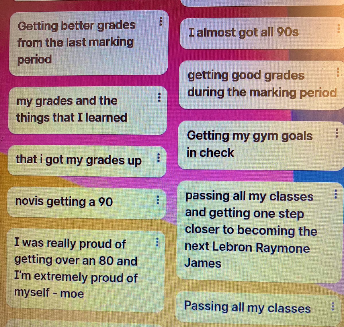 Check out our students’ great accomplishments looking back at Marking Period 3!

More great responses on our Mindful Monday link below. 
padlet.com/kbraca/what-wa…