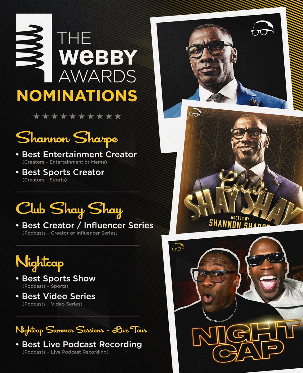 Shay Shay Media (@shayshaymedia_) on Twitter photo Voting has opened for the 2025 Webby Awards and Shay Shay Media has several nominations! Use the link below to vote for <a href="/ShannonSharpe/">shannon sharpe</a> <a href="/NightcapShow_/">Nightcap</a> and <a href="/ClubShayShay/">Club Shay Shay</a> 🙏🏽
vote.webbyawards.com/PublicVoting#/… Voting has opened for the 2025 Webby Awards and Shay Shay Media has several nominations! Use the link below to vote for <a href="/ShannonSharpe/">shannon sharpe</a> <a href="/NightcapShow_/">Nightcap</a> and <a href="/ClubShayShay/">Club Shay Shay</a> 🙏🏽
vote.webbyawards.com/PublicVoting#/…