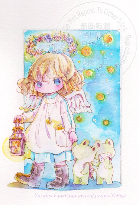 おはようございます『夜の花冠祭りへようこそ』ランプ片手にまいりましょ星も花も舞い落ちるそんなお祭り花冠をのせてね 