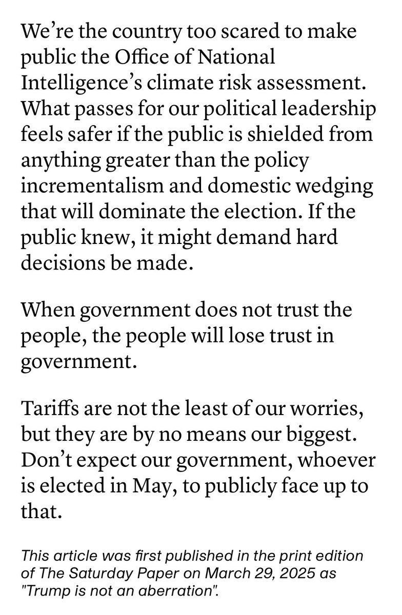 eliza_brien's tweet photo. #MichaelPascoe in #TheSaturdayPaper on the gov’s refusal to publicly release the #ClimateRisk assessment.
“When the government does not trust the people, the people lose trust in governments”
We DESERVE to know what is in the report.
#ELECTION2025
@DavidPocock https://t.co/2lwzH5HEzo