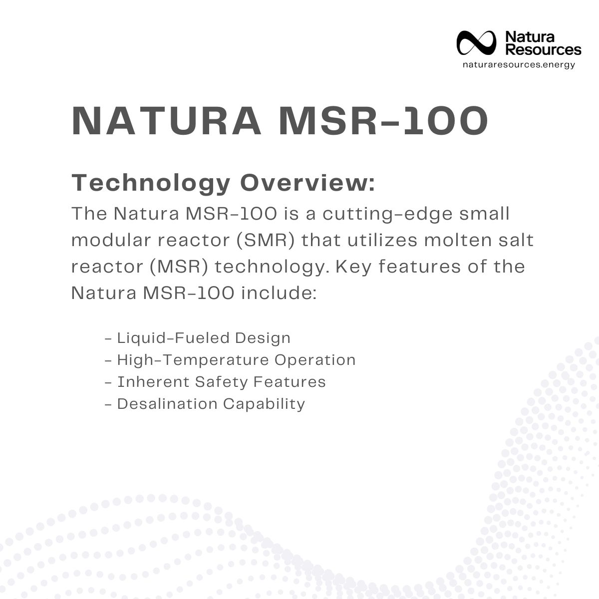 Technology Overview: Natura MSR-100, a cutting-edge small modular reactor (SMR) that utilizes molten salt reactor (MSR) technology.

naturaresources.com