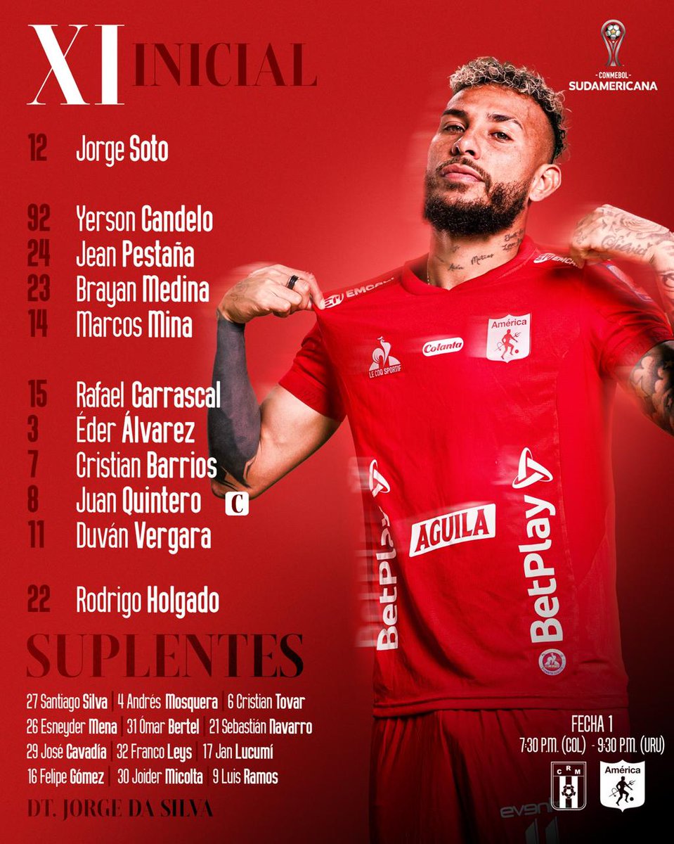 _misionfutbol's tweet photo. 🔥 ¡XI GUERREROS PARA EL DEBUT! 
Estos son los elegidos por el profe Jorge Da Silva para salir con toda en Montevideo. 💪🔴⚪ ¡A defender la camiseta con garra y pasión!  
🏆 Conmebol Sudamericana – Fecha 1  
🕢 7:30 PM (COL) | 9:30 PM (URU)  
📡 En vivo por Misión Fútbol 🎙️ https://t.co/QQ8ONzsmyk