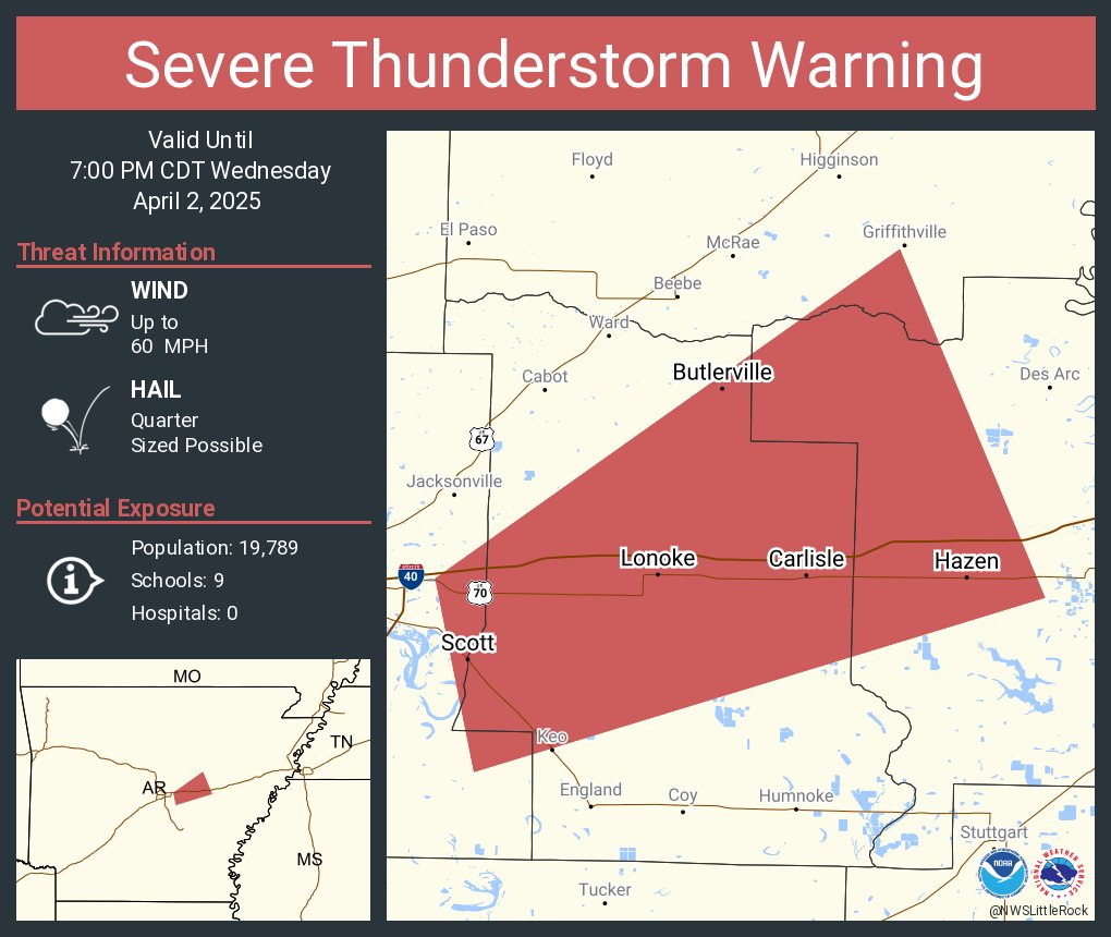 Severe Thunderstorm Warning including Lonoke AR, Carlisle AR and  Hazen AR until 7:00 PM CDT