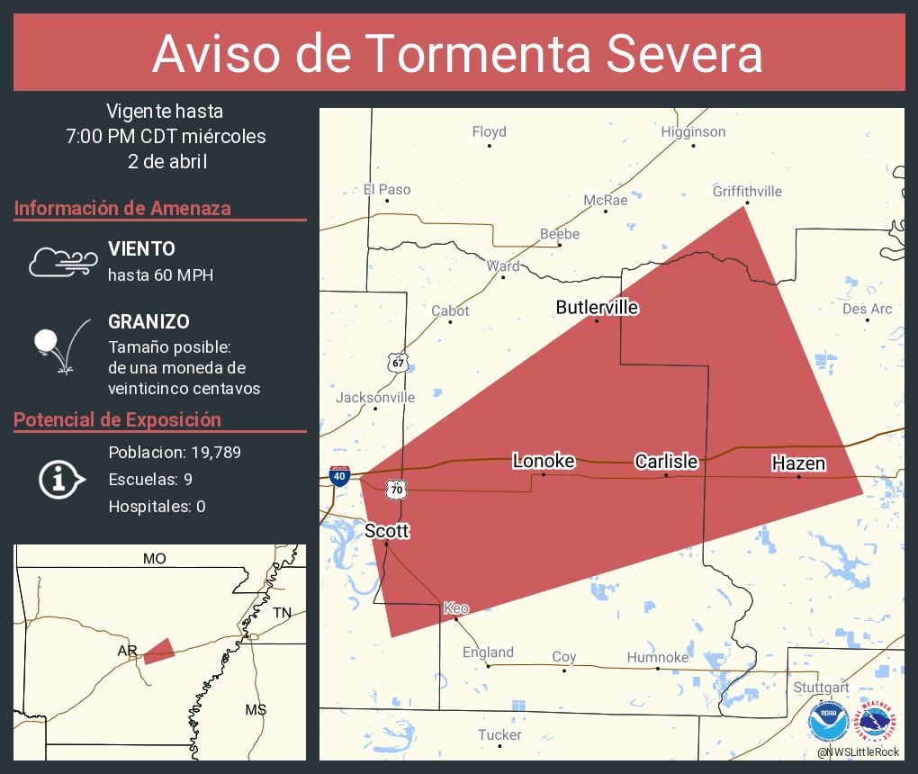 Aviso de Tormenta Severa incluye Lonoke AR, Carlisle AR, Hazen AR hasta las 7:00 PM CDT
