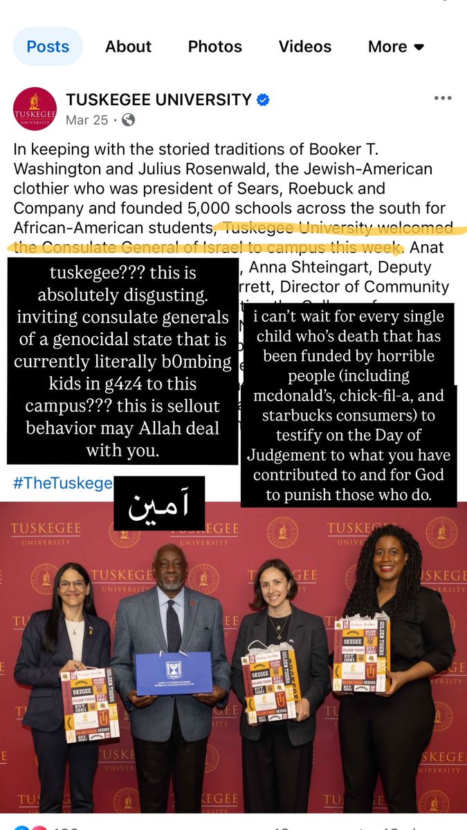 yafavmya's tweet photo. tuskegee university endorsing genocide now i guess. they won’t be getting any funding out of me when im an alumni…my money isn’t going to booming children in g4z4 thanks #tuskegeetwitter https://t.co/iZcb0CqEBd