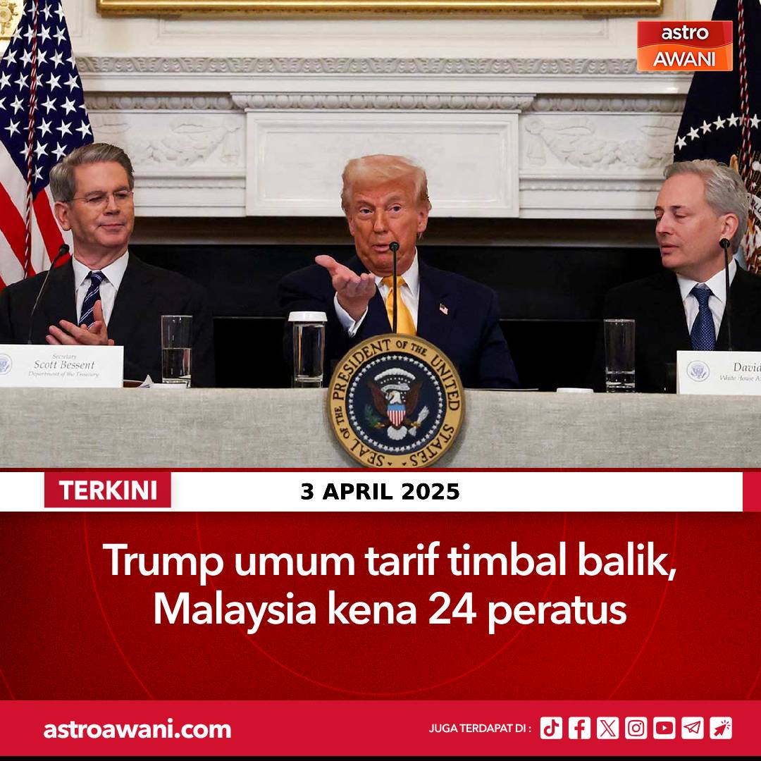 501Awani's tweet photo. Presiden Amerika Syarikat (AS), Donald Trump umum pelaksanaan tarif timbal balik 24 peratus ke atas import dari Malaysia dalam gelombang perang perdagangan global.

Antara tarif timbal balik yang tinggi dikenakan adalah terhadap China sebanyak 34 peratus, Kesatuan Eropah 20 peratus, Vietnam 46 peratus, Sri Lanka 44 peratus, Kemboja 49 peratus, Laos 48 peratus dan Myanmar 44 peratus.

Ikuti berita terkini di https://t.co/lRvvxw7ZG1
#AWANInews