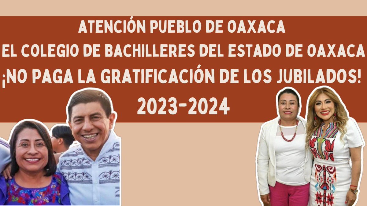 Oye <a href="/COBAO_GobOax/">COBAO</a> 
Mi mamá trabajo por 32 años y los tres últimos iba a su tratamiento de hemodiálisis y a dar clases. 

Desde que llegó la <a href="/doctoravero/">Dra.Vero Hernández</a> dejaron de pagarle a los jubilados. 

<a href="/MtraAngelicaGP/">Maestra Angélica García Pérez</a> cuando vas atender a los jubilados? 

<a href="/InquisidorOax/">InquisidorOax</a> 
<a href="/GobOax/">Gobierno de Oaxaca</a>