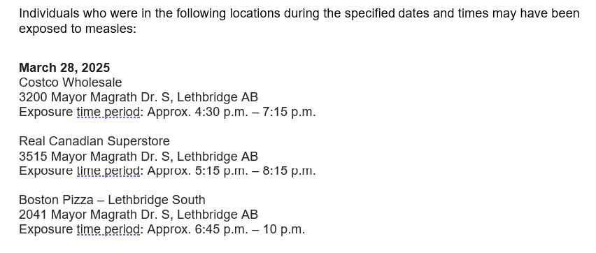 AHS_media's tweet photo. Alberta Health Services (AHS) has been notified of a confirmed case of measles in the Foremost area. This case has also been in public settings in Lethbridge while infectious. Learn more at https://t.co/85ZSfTBT3n https://t.co/b0tCBpUvN6