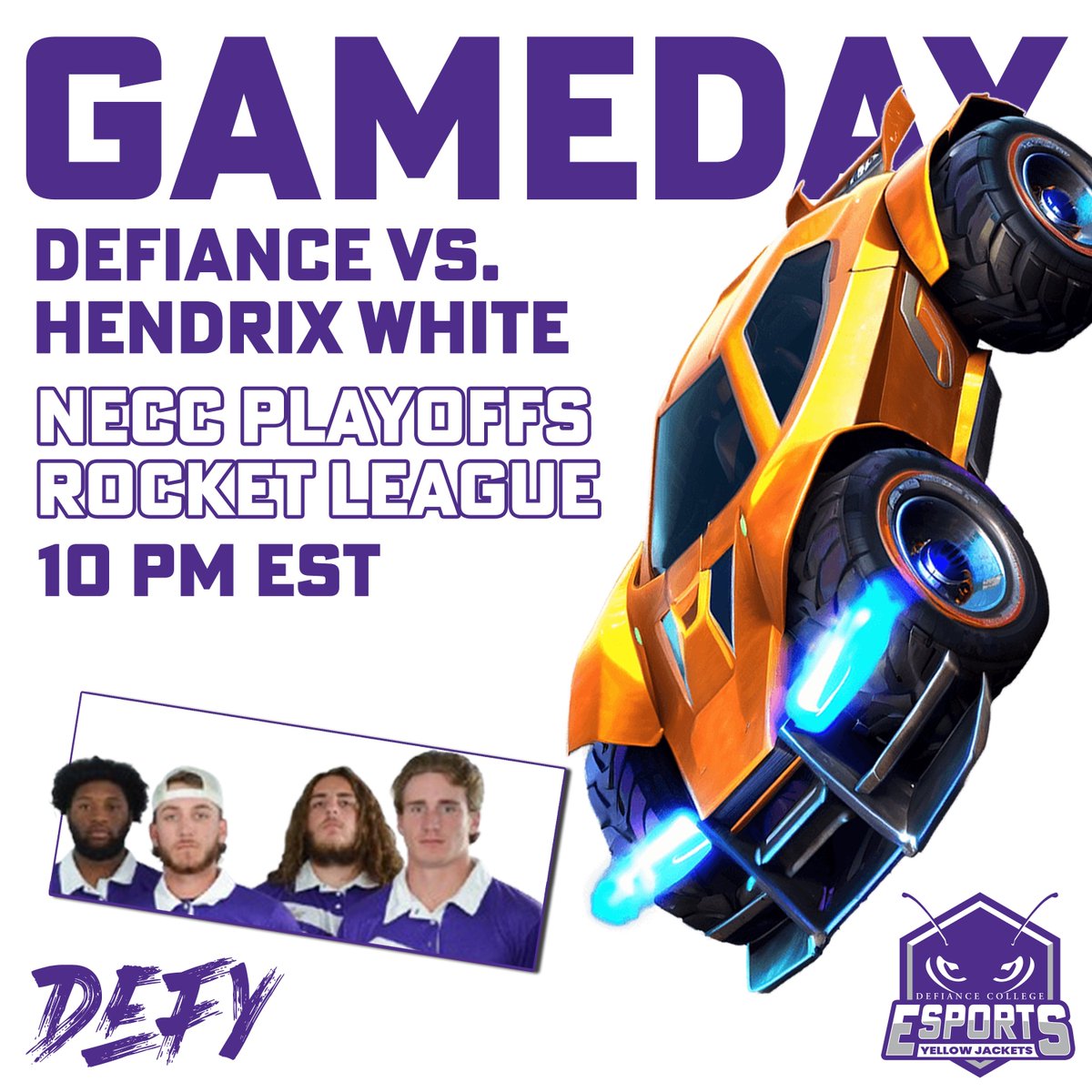 Into the quarterfinals!

🆚: Hendrix College White
🎮: Rocket League
🕚: 10:00 PM
📍: The DEL

𝓦𝓮 𝓶𝓸𝓿𝓮 #Defy