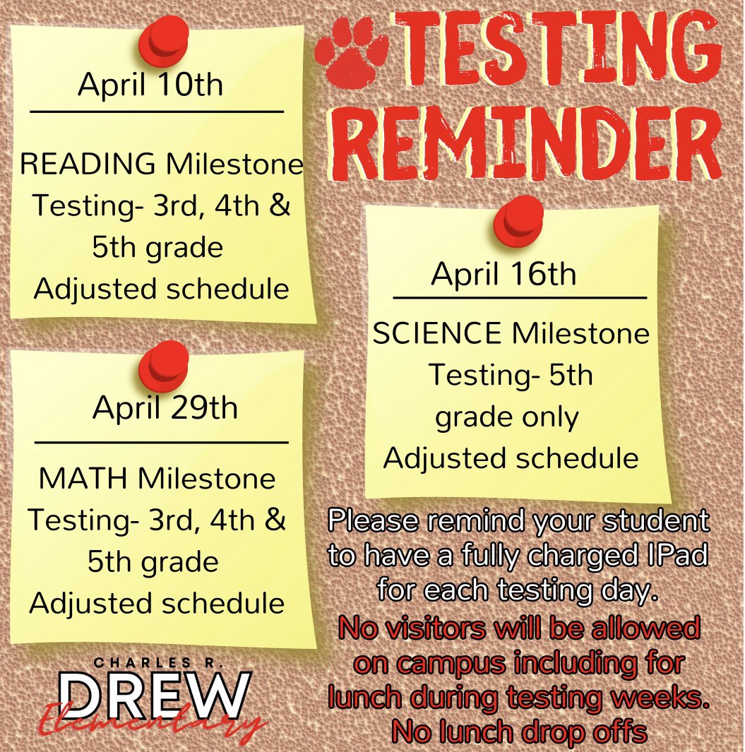 Drew Elementary (@charlesrdrewes) on Twitter photo Important reminders about our upcoming testing days! #superstaar #markyourcalendars #CommittedToExcellence #QuestForExcellence <a href="/CrosbyISD/">Crosby ISD</a> Important reminders about our upcoming testing days! #superstaar #markyourcalendars #CommittedToExcellence #QuestForExcellence <a href="/CrosbyISD/">Crosby ISD</a>