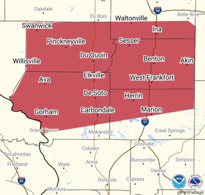 The National Weather Service has issued a TORNADO WARNING for Williamson County including Marion until 7:15 p.m.