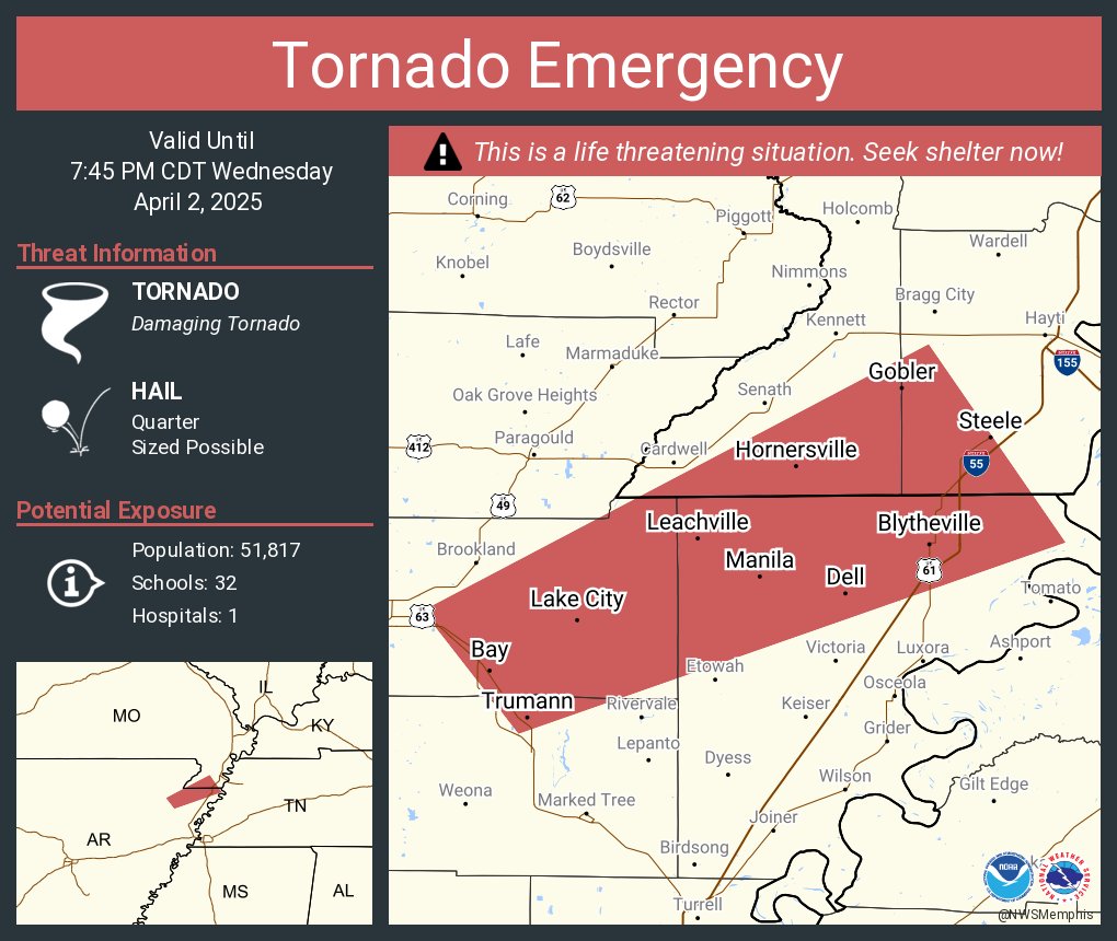 NWStornado's tweet image. Tornado Emergency continues for Blytheville AR, Trumann AR and  Gosnell AR until 7:45 PM CDT