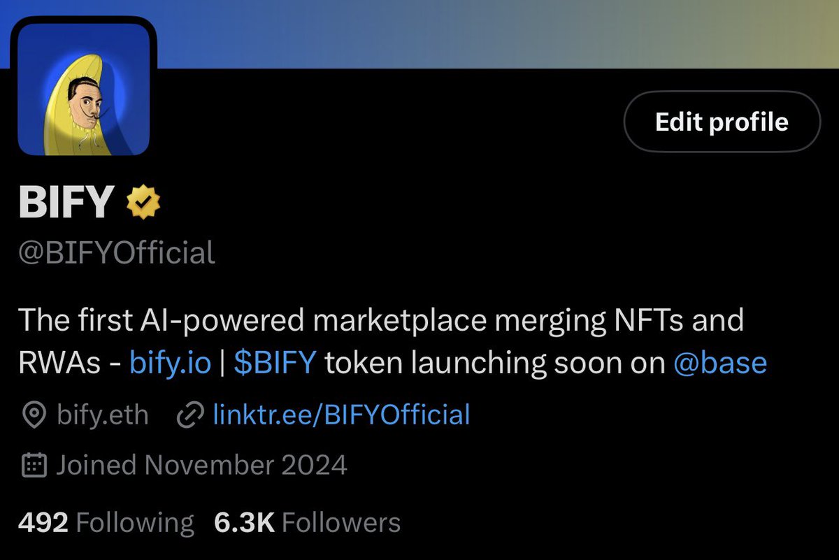 The next wave of Web3 isn’t just about art;

It’s about AI, utility, and real-world assets coming together.

We’re launching BIFY:
A new kind of marketplace where you can mint NFTs, tokenize real assets, and unlock real value.

Live soon at bify.io

Built for