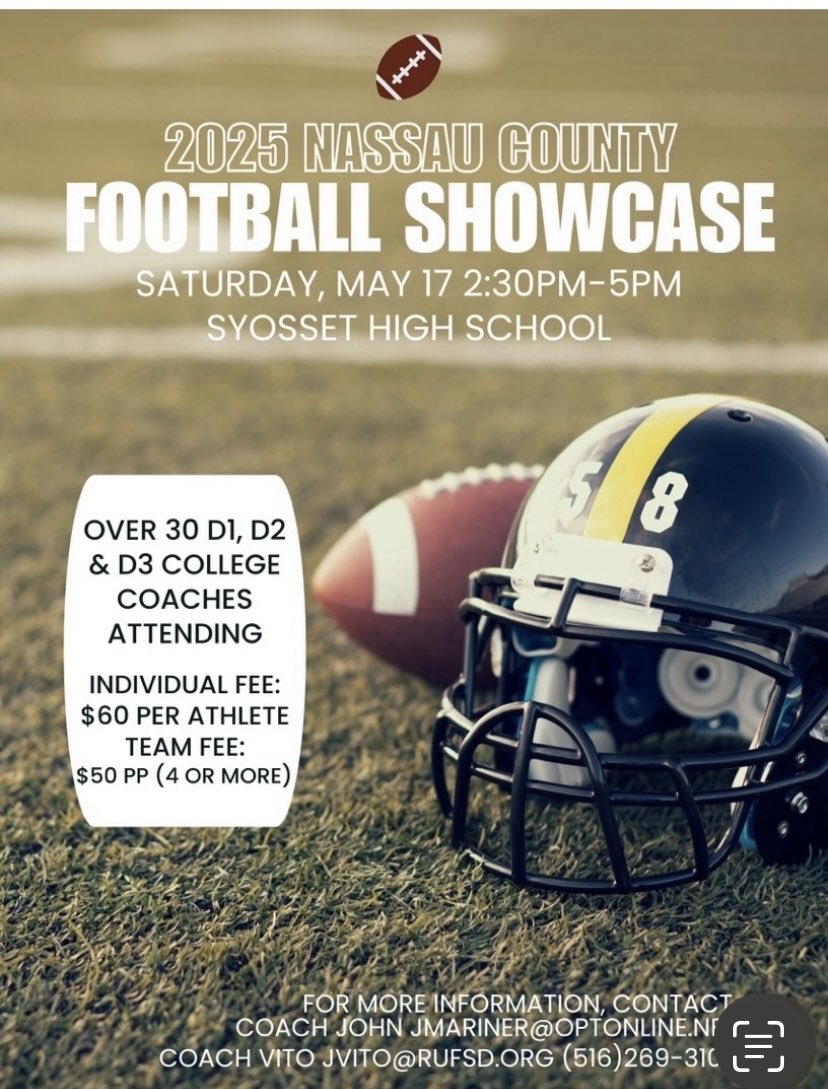 HS Football Players are you interested in playing College Football? Over 30
College Coaches all levels D1-D2-D3-JUCO will be on attending the Nassau County Football Showcase on May 17
at Syosset HS from 2-5-very cost effective $60-$50 4 or more docs.google.com/forms/d/e/1FAI… <a href="/LIBLITZ/">LI BLITZ</a>
