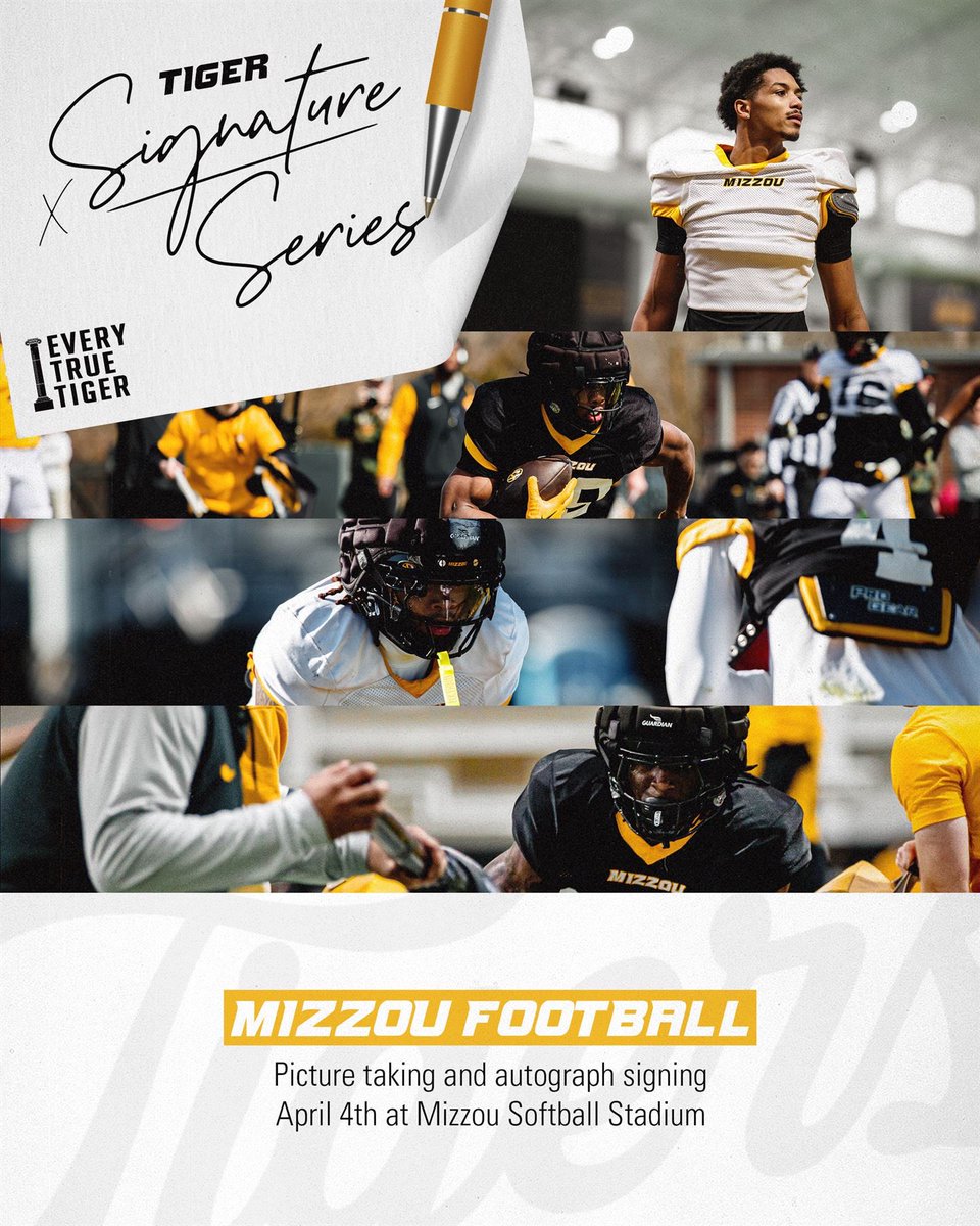 Mizzou Football is taking over the mound! 🏈 Come meet the Tigers this Friday, April 4th, from 4:45-5:45 PM at the Mizzou Softball Stadium for autographs and photos. Don’t miss it!
#SignatureSeries #ETTB #MIZ
<a href="/MizzouAthletics/">Mizzou Athletics</a>
<a href="/EveryTrueTiger/">Every True Tiger Brands</a> <a href="/MizzouFootball/">Mizzou Football</a>