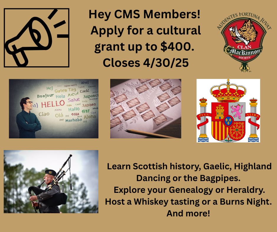 the_mackinnon's tweet photo. You are now invited to apply for a cultural grant of up to $400 to support your MacKinnon or Scottish endeavor.

Applications will be accepted for one month, from now until April 30, 2025. Visit our website to learn how others have used their grants and to apply. https://t.co/ZXNja1Dqnf