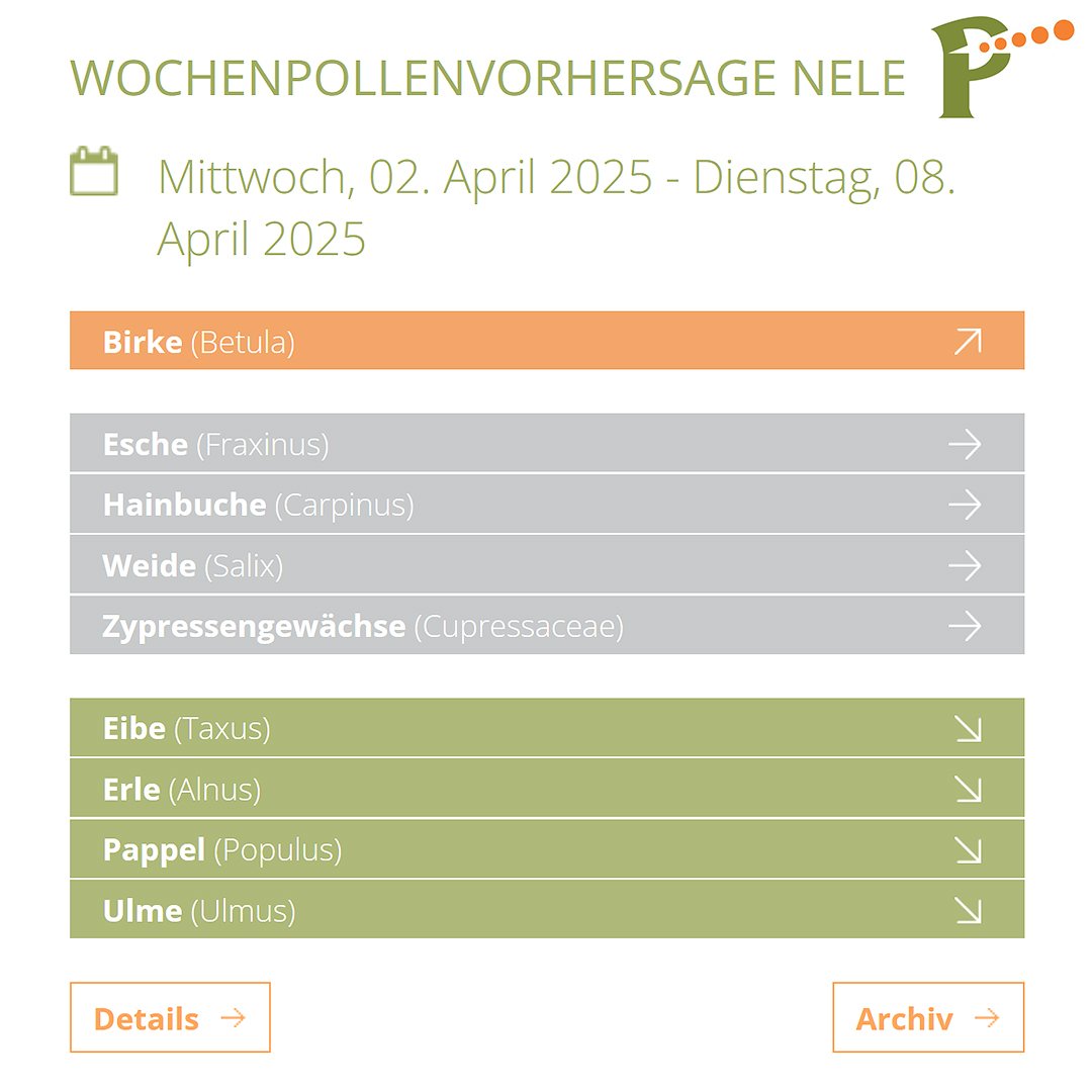 ❗️ 𝗣𝗼𝗹𝗹𝗲𝗻𝗳𝗹𝘂𝗴 𝗶𝗺𝗺𝗲𝗿 𝘃𝗶𝗲𝗹𝗳𝗮̈𝗹𝘁𝗶𝗴𝗲𝗿 – 𝗕𝗶𝗿𝗸𝗲𝗻- 𝘂𝗻𝗱 𝗘𝘀𝗰𝗵𝗲𝗻𝗽𝗼𝗹𝗹𝗲𝗻 𝗹𝗲𝗴𝗲𝗻 𝘇𝘂. ❗️

▶️ Wochenpollenvorhersage des PID für Deutschland
▶️ Mittwoch, 02. April 2025 – Dienstag, 08. April 2025

ℹ️ Bestimmer in der Luft wird in den