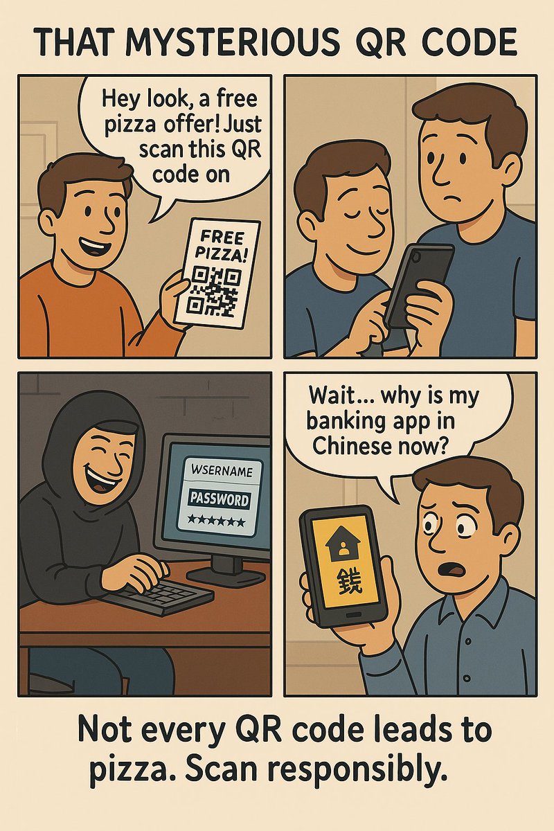 cybertoonsfun's tweet photo. 🍕 FREE pizza? More like free access to your bank account.

In our latest comic, a hungry coworker scans a sketchy QR code

📲 Think before you scan.

👉 https://t.co/IuhOhPwFxM

Not every QR code leads to pizza.
#CyberSecurity #Phishing #QRCodeScam #InfosecHumor #CyberAwareness https://t.co/RcfKtYib2g