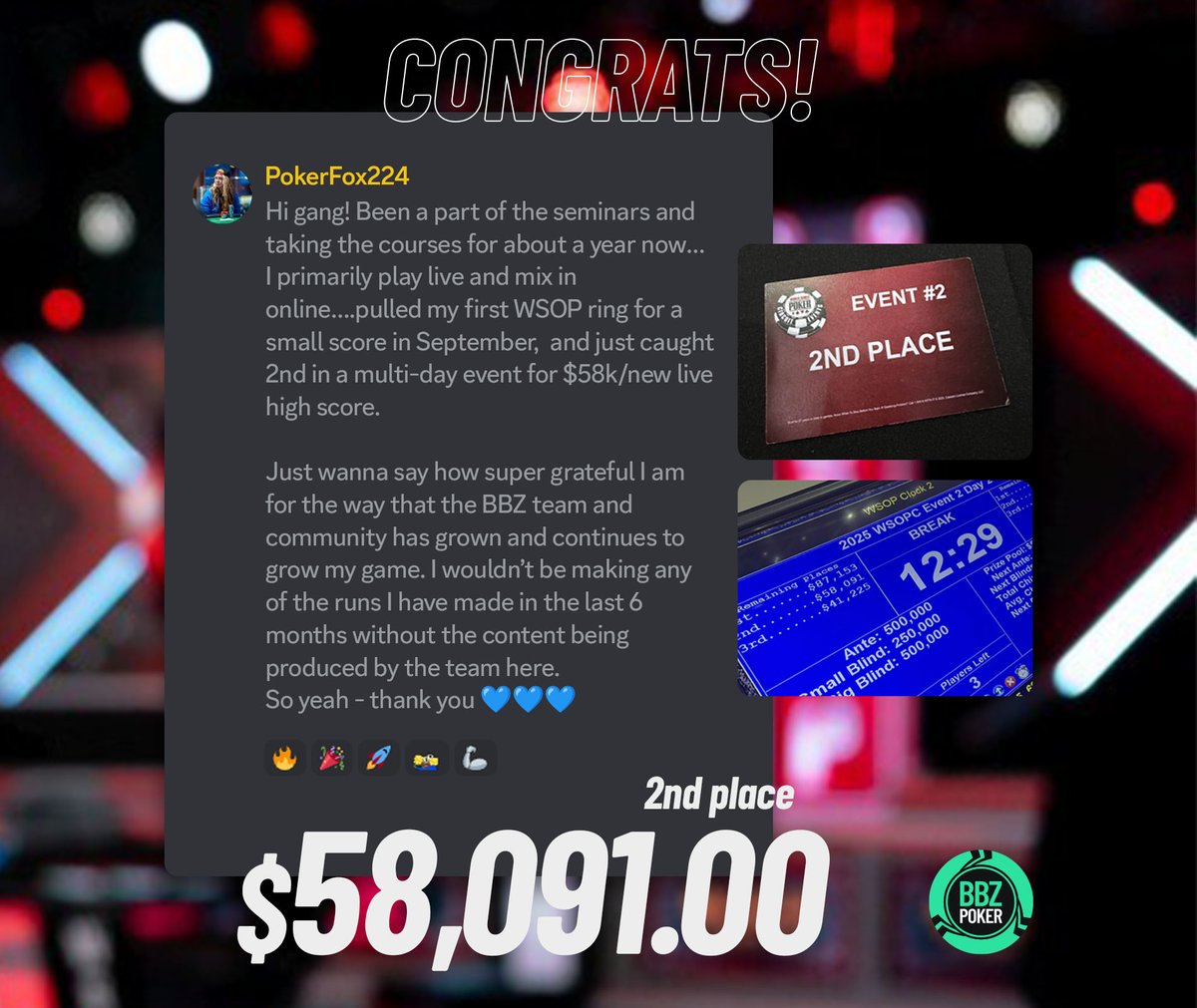 BBZPoker's tweet image. $30,356.62 for PokerFox224 🦊💪
“Wouldn’t be here without y’all. Thank you 🙏”
Big love to the BBZ community for showing up and showing out.

🧠 Daily Seminars = results
🎯 Annual subs get a FREE coaching consult
📲 bbzpoker.com/product/daily-…

#BBZPoker #PokerGrind #OnlinePoker #win