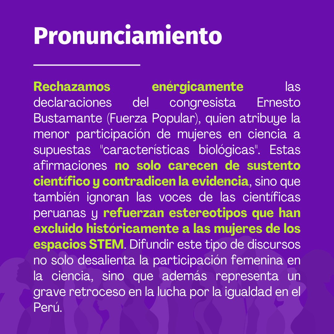 Clubes de Ciencia Perú (@cdecperu) on Twitter photo Expresamos nuestro rechazo enérgico a las declaraciones del congresista <a href="/ErnesBustamante/">Ernesto Bustamante</a> que desde la ignorancia, rechazo a la evidencia y estereotipos atribuye la menor participación de mujeres en ciencia a supuestas "características biológicas". Más en: acortar.link/hgAOke Expresamos nuestro rechazo enérgico a las declaraciones del congresista <a href="/ErnesBustamante/">Ernesto Bustamante</a> que desde la ignorancia, rechazo a la evidencia y estereotipos atribuye la menor participación de mujeres en ciencia a supuestas "características biológicas". Más en: acortar.link/hgAOke
