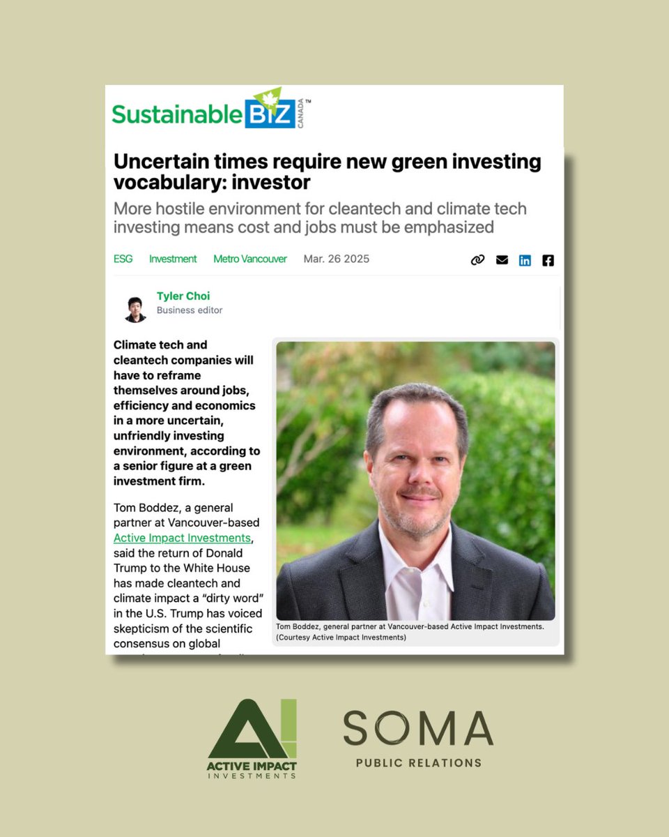 Our latest coverage for <a href="/active_impact/">Active Impact Investments</a> 

Uncertain times require new green investing vocabulary: investor

Read the full article: somapublicrelations.com/news/uncertain…

.
.
.
#activeimpactinvestments #climatetech #cleantech #climatetechfunds #startup #tariffs